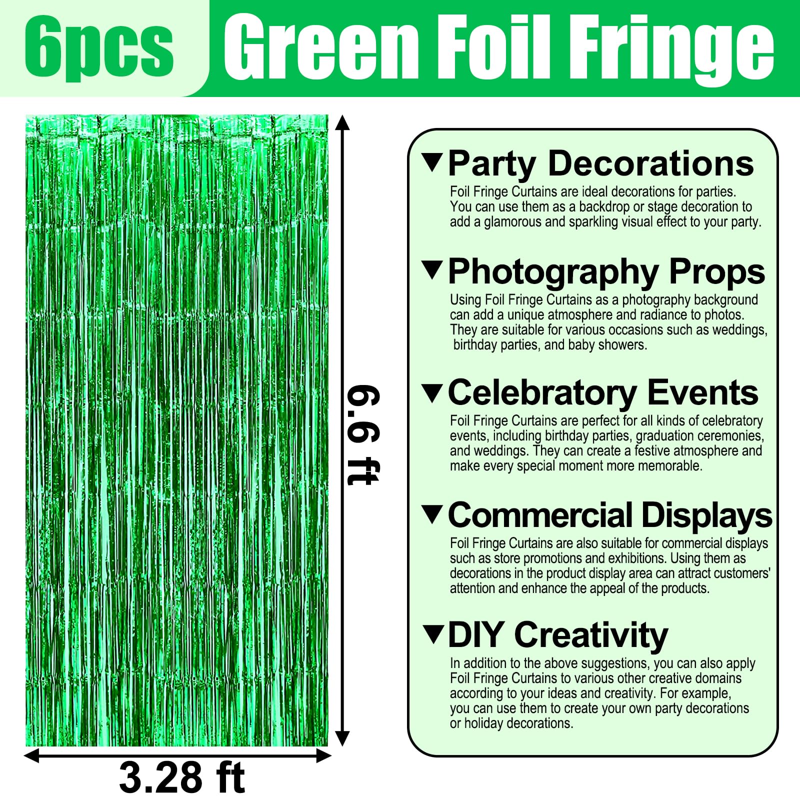 6 Pack Green Foil Fringe Curtain Backdrop, 3.28Ft X 6.6Ft Metallic Tinsel Foil Fringe Streamer Curtains For Photo Booth, Christm