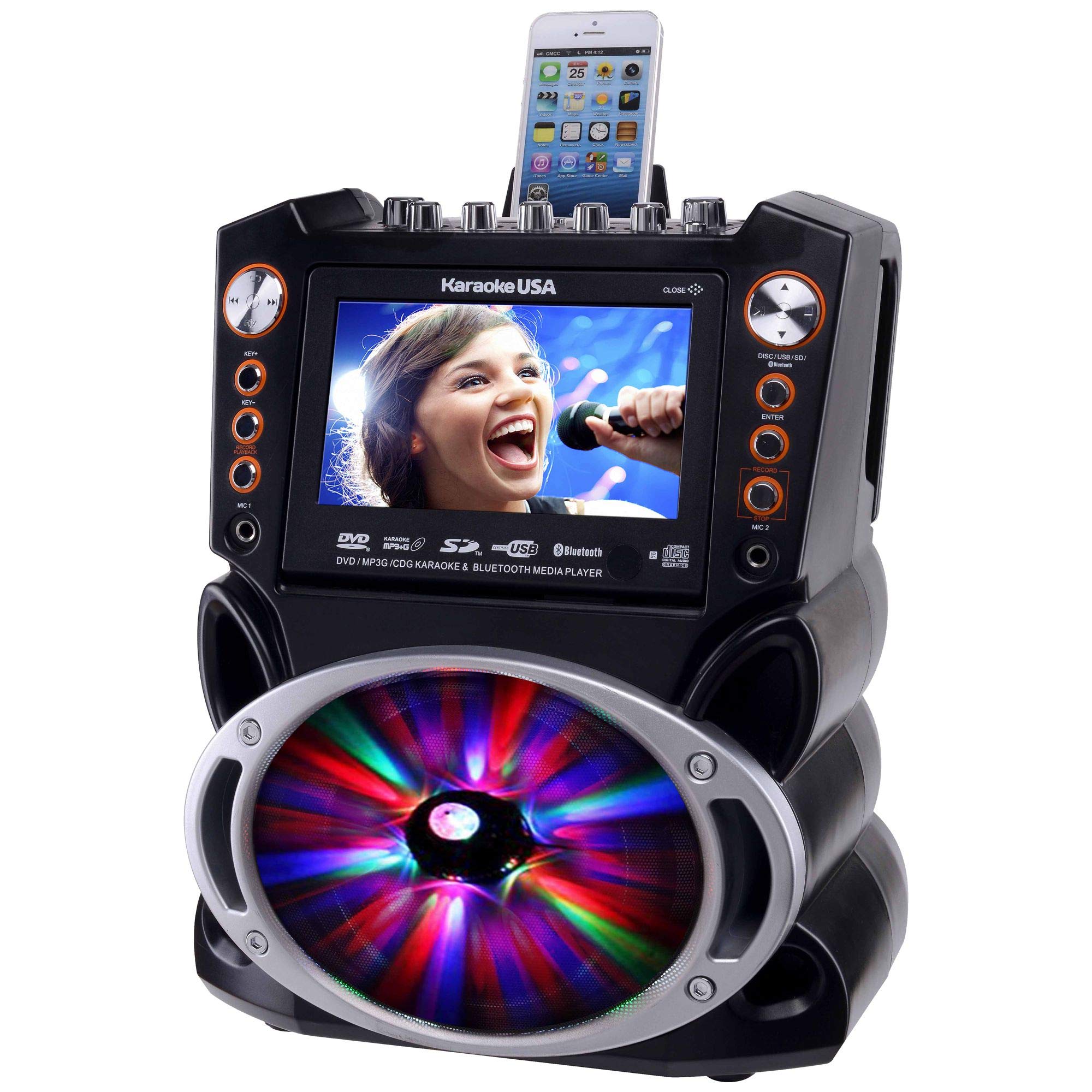 Karaoke Usa Gf845 Complete Karaoke System With 2 Microphones, Remote Control, 7    Color Display, Led Lights   Works With Dvd, B