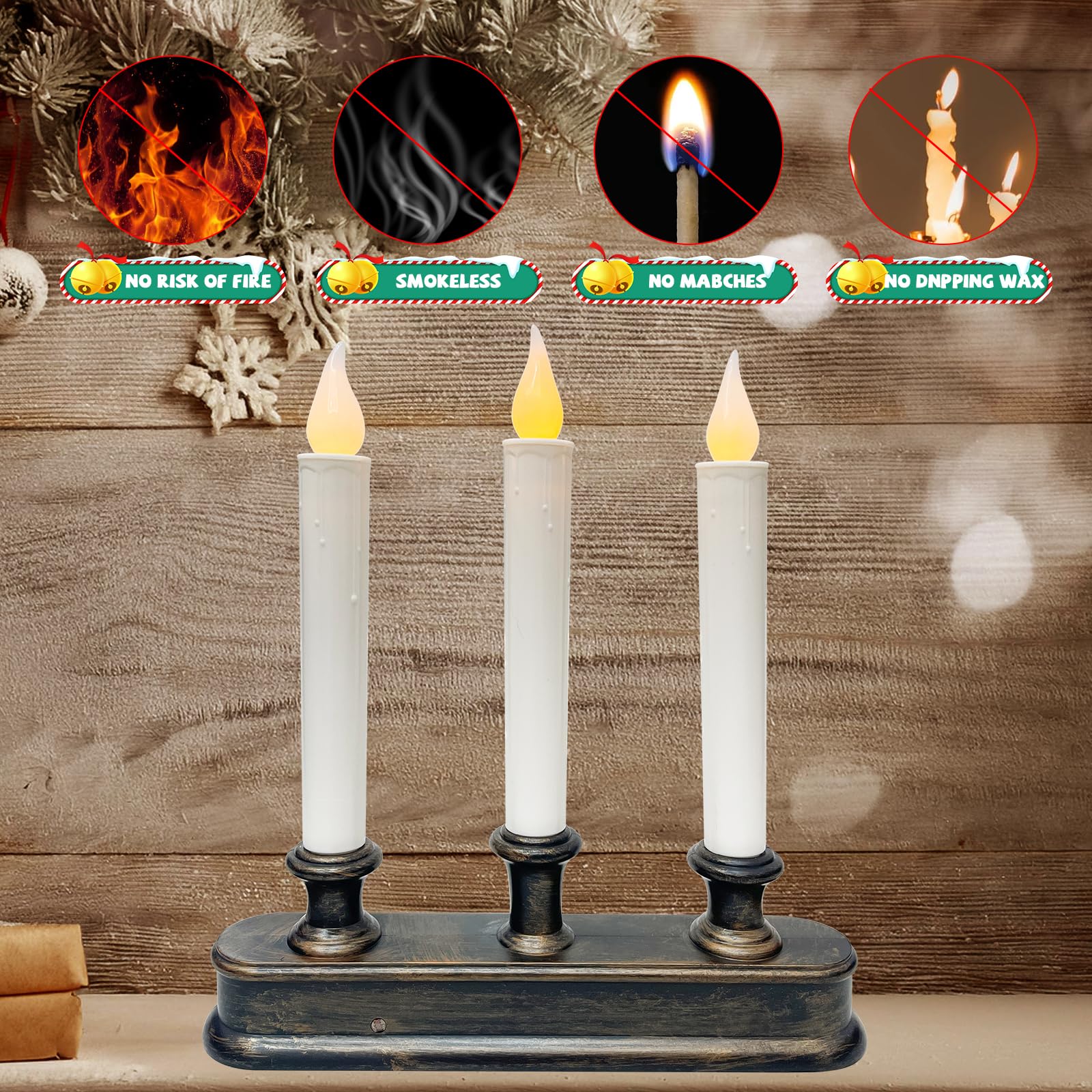 Battery Operated Led Window Candles With Sensor Dusk To Dawn, 3 Lights Christmas Window Candles With Flickering Flameless Led Li