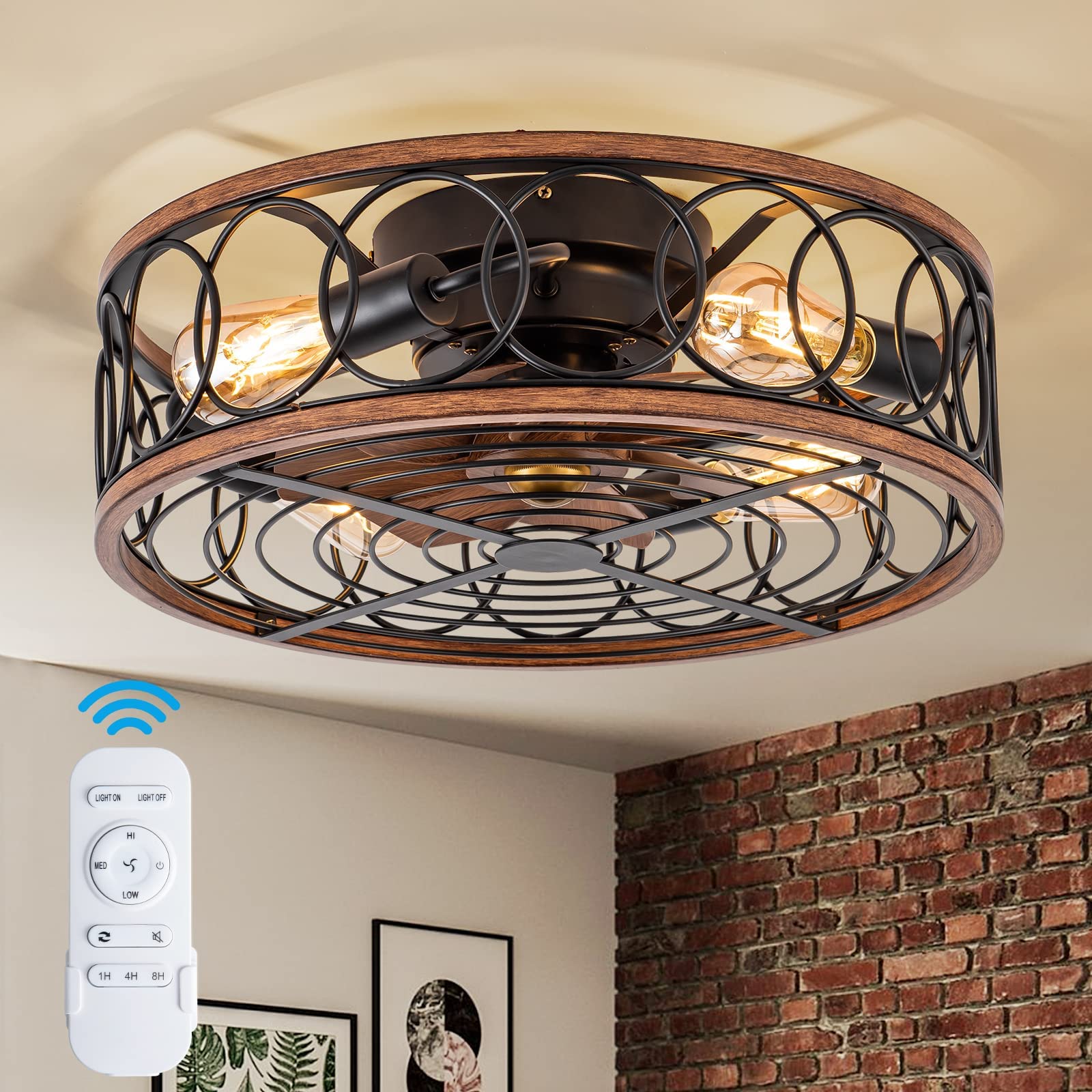 Farmhouse Ceiling Fans with Lights and Remote, 20 Low Profile Caged Lighting with Bladeless Fan, Rustic Flush Mount with E26 B