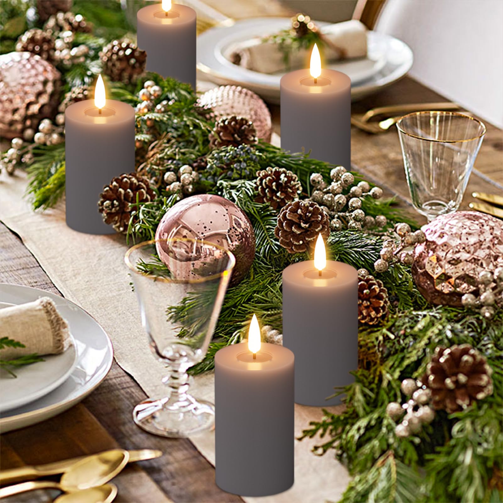 Eldnacele Flameless Pillar Flickering Led Candles Set Of 6, Remote Control And Timer, Battery Operated, Real Wax, 3D Wick, Gray,