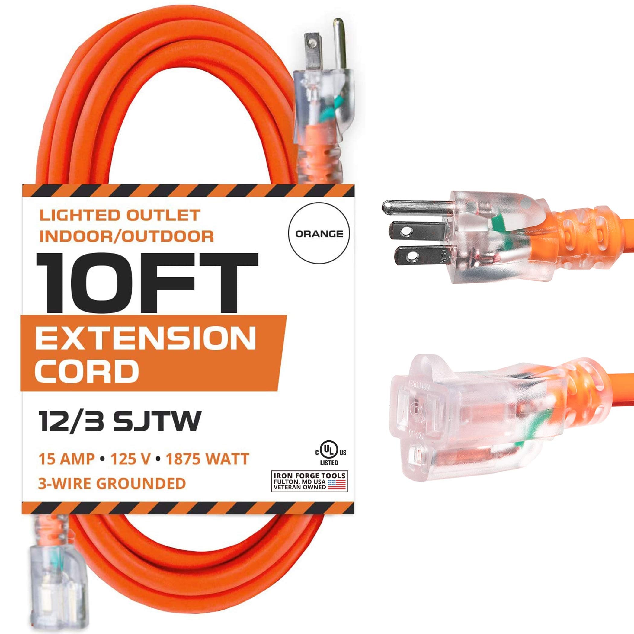 Iron Forge Cable 12 Gauge Extension Cord 10 Ft, 12/3 Sjtw 10 Foot Heavy Duty Extension Cord Outdoor 3 Prong, Weatherproof Orange