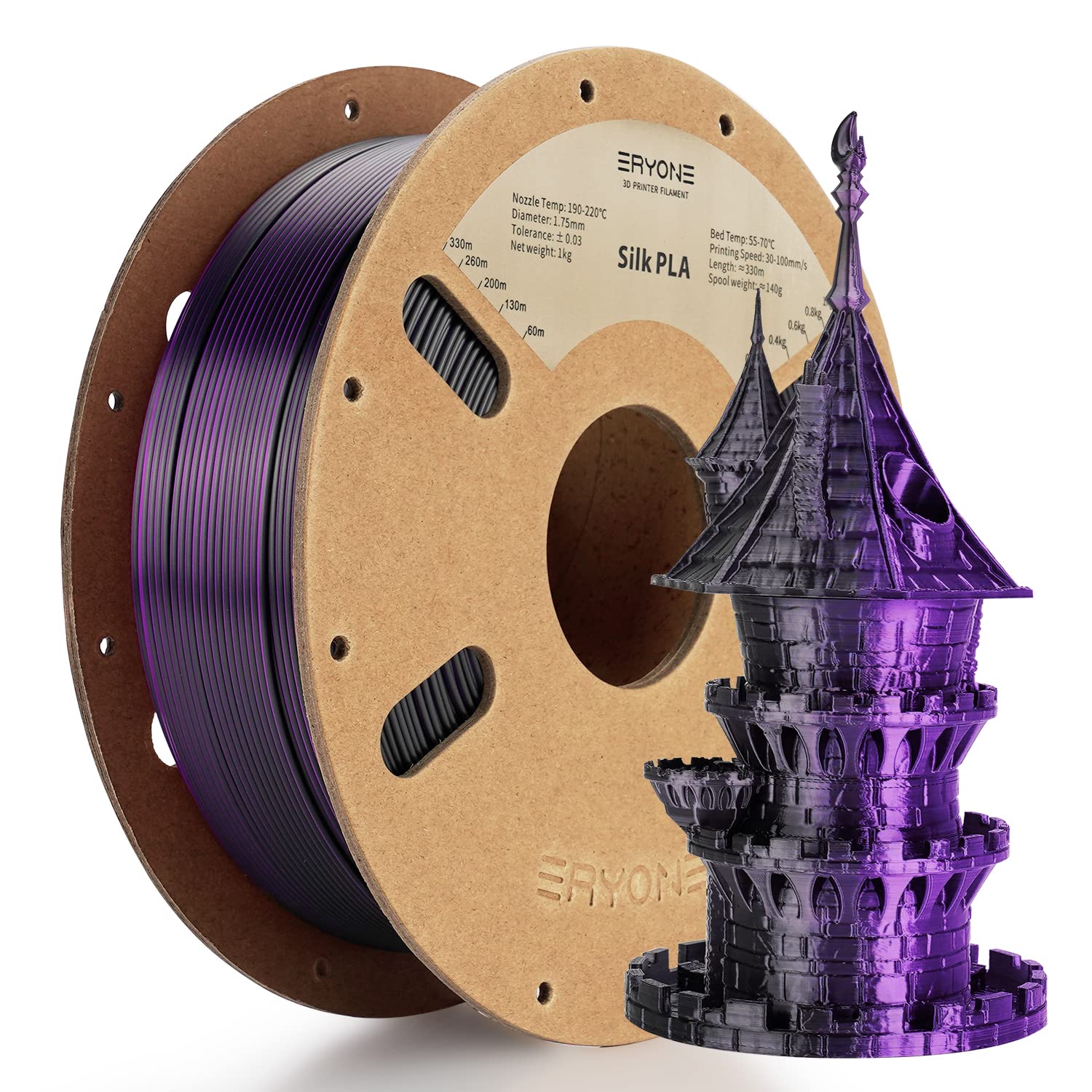 Eryone Silk Dual Color Filament Pla 3D Printer 175Mm +  003Mm, Coextrusion Filament Pla Shiny Filament 1Kg(22Lbs), Black Purple