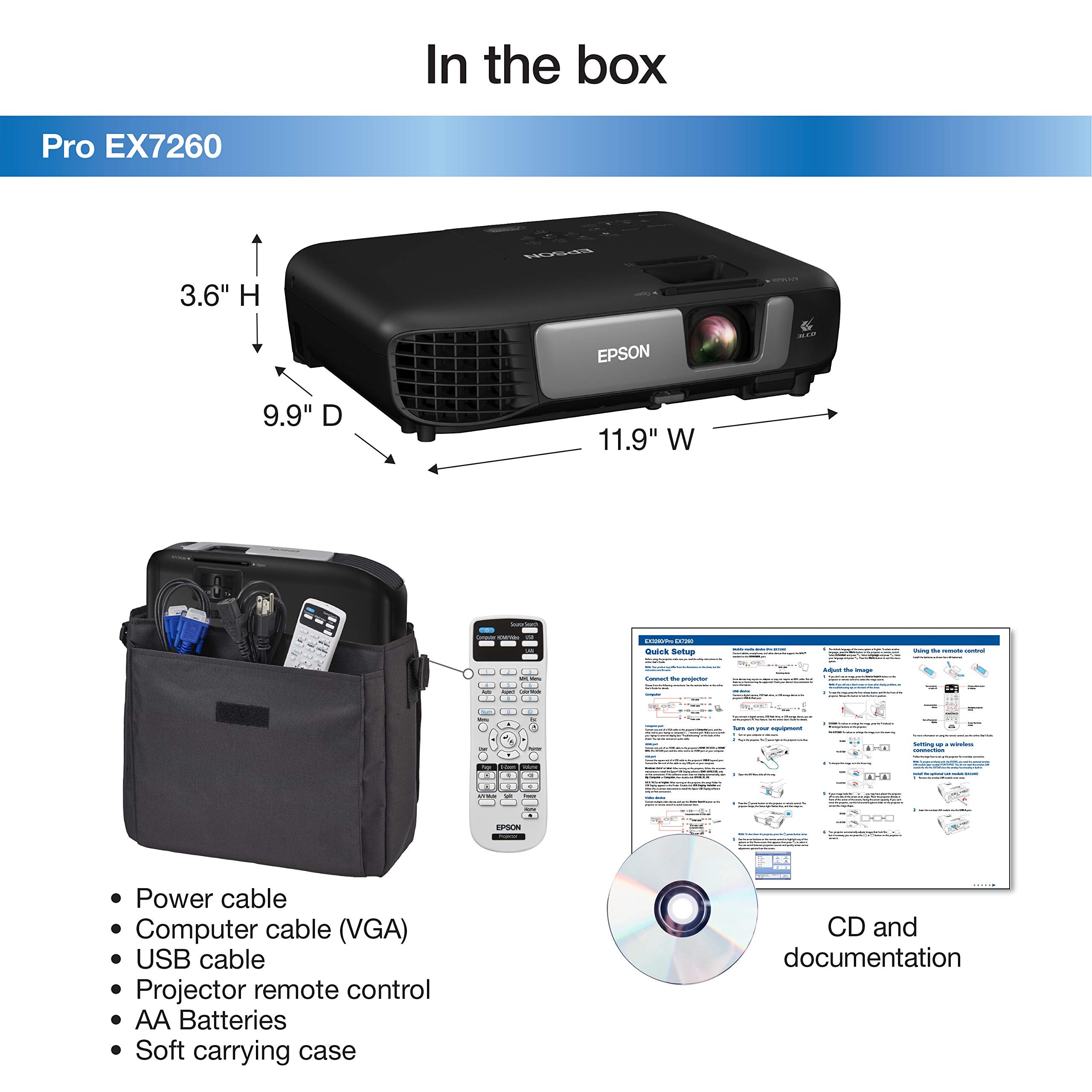 Epson Pro EX7260 WXGA Projector - 3600 Lumens, Wireless HDMI, 3LCD, Black, 3.6"H x 9.9"D x 11.