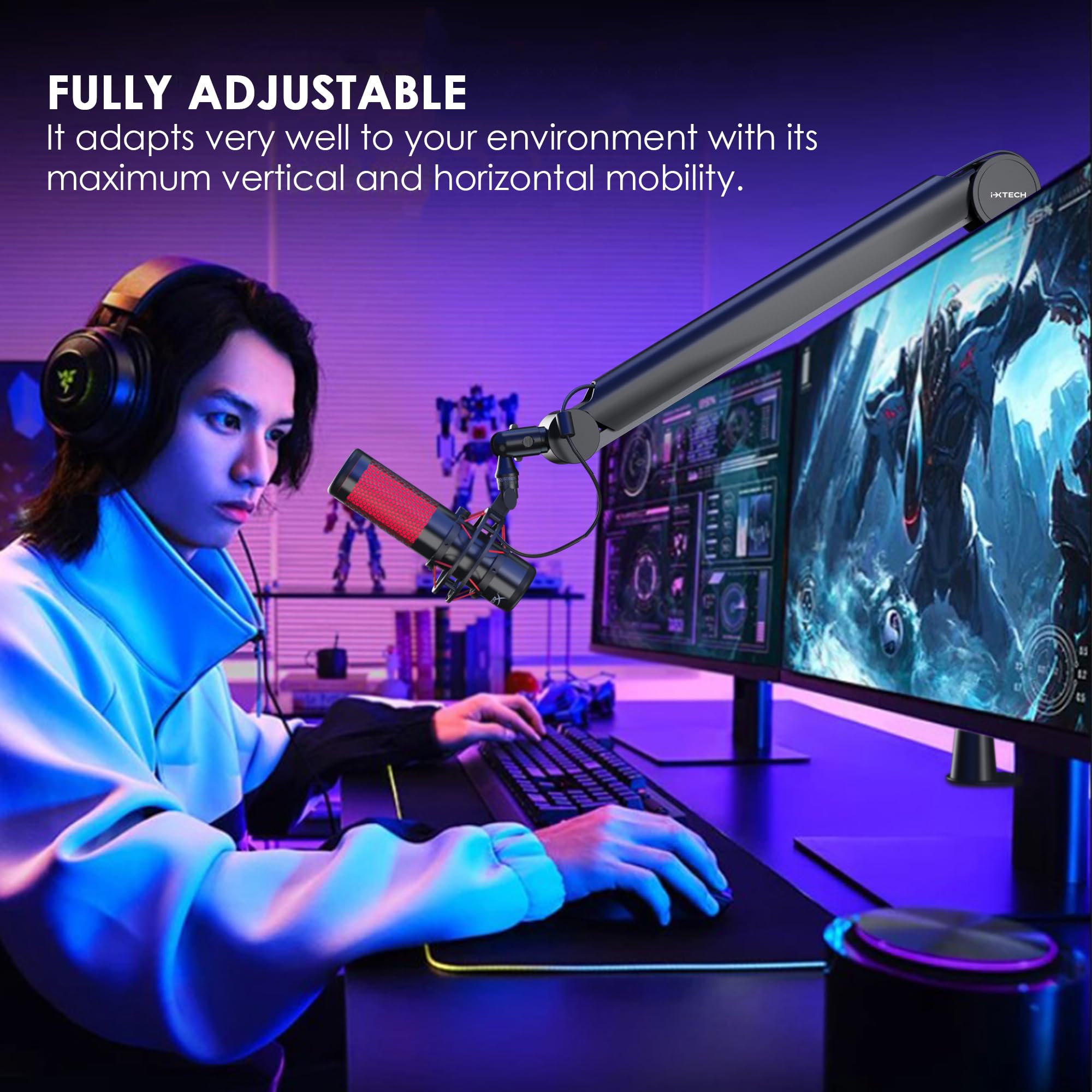 Ixtech Premium Microphone Boom Arm With Desk Mount, 360 Rotatable, Fully Adjustable, For Podcast, Video, Gaming, Radio, Studio,