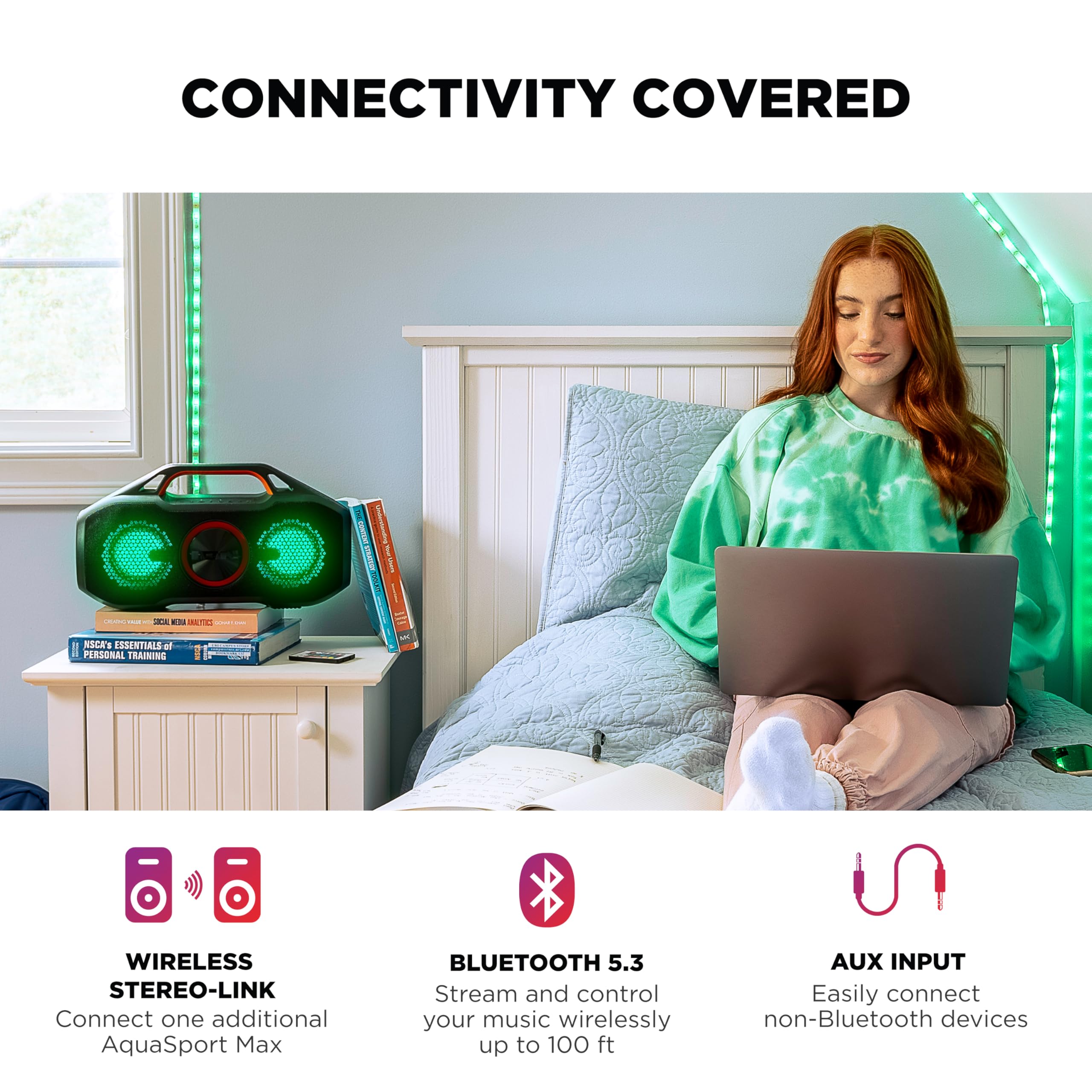 Ion Aquasport Max Waterproof 60W Portable Bluetooth Party Speaker With Lights, Battery, Built-In Microphone, Radio And Aux Input