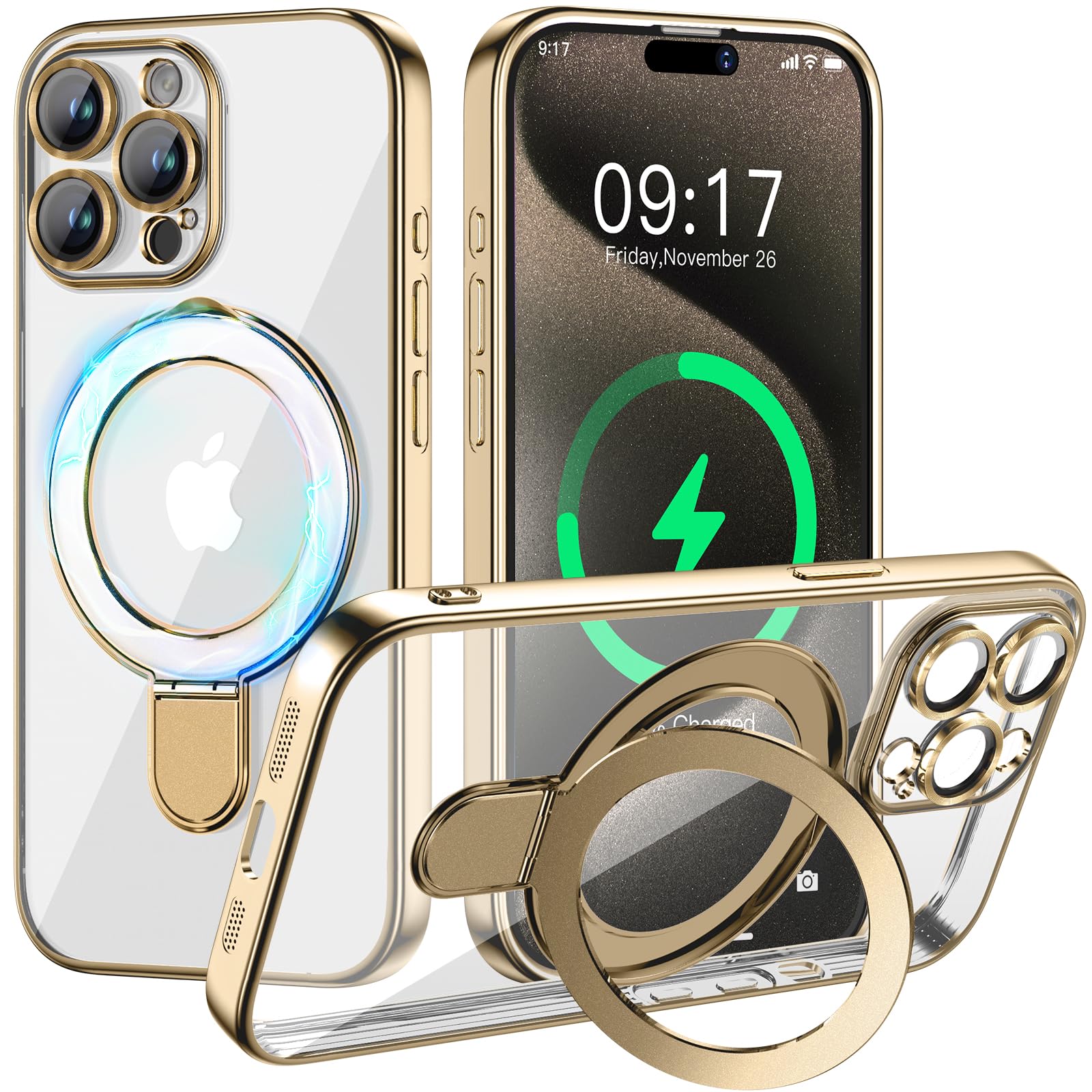 Magnetic For Iphone 15 Pro Max Case With Invisible Stand[Compatible With Magsafe][Full Camera Lens Protector][Military Drop Prot