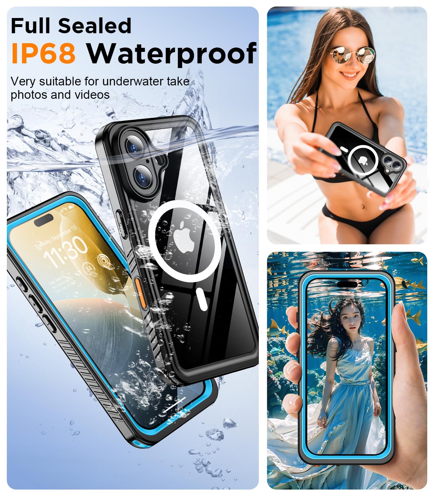 Temdan Magnetic For Iphone 16 Case Waterproof,Built In Screen Protector[Ip68 Underwater][Upgrade Military Dropproof][Compatible