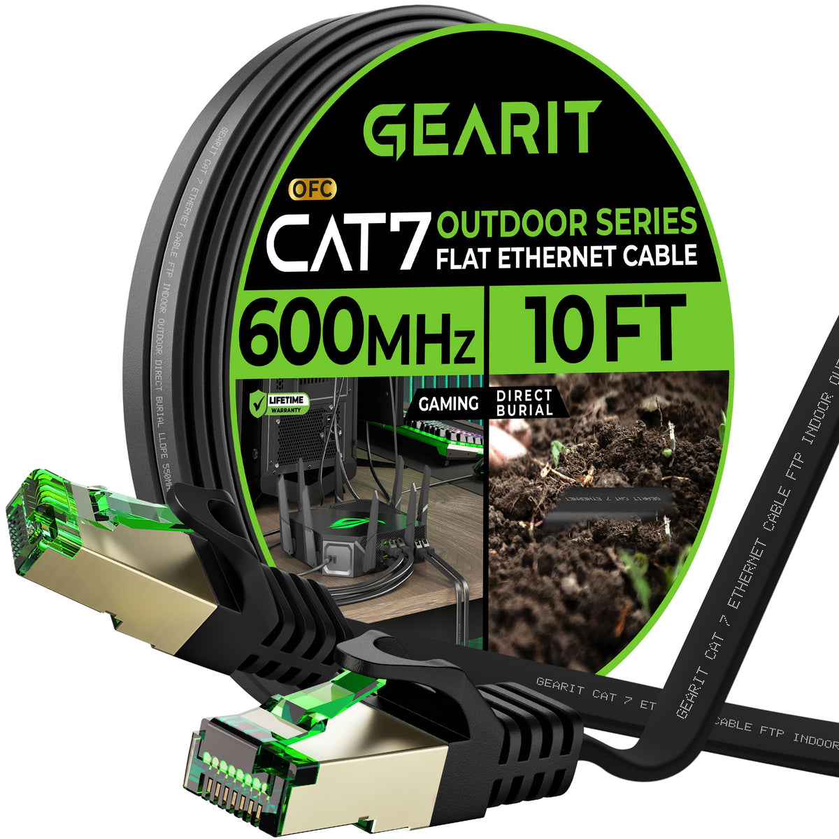 Gearit Cat 7 Outdoor Flat Ethernet Cable (10Ft, Black) Direct Burial Rated Lldpe Jacket   Indoor Cat7 Shielded Ftp 600Mhz 10Gbps