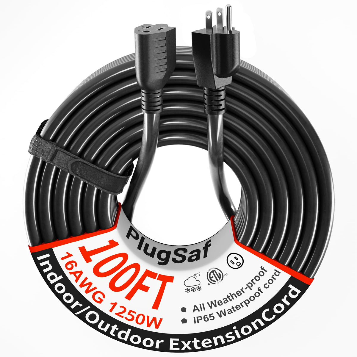 16 Gauge 100 Ft Extension Cord Outdoor Waterproof, 16/3 Sjtw Cold Weatherproof  58F, Flame Retardant, Flexible 3 Prong Black Ele
