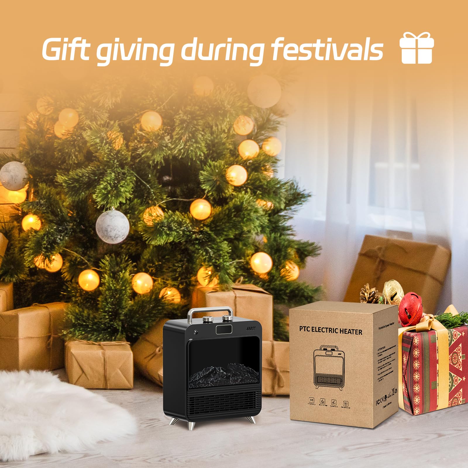 Feculs Electric Fireplace Heater, 3 In 1 Portable Fireplace Heaters For Indoor Use, 750/1500W Space Heater Indoor, Realistic 3D