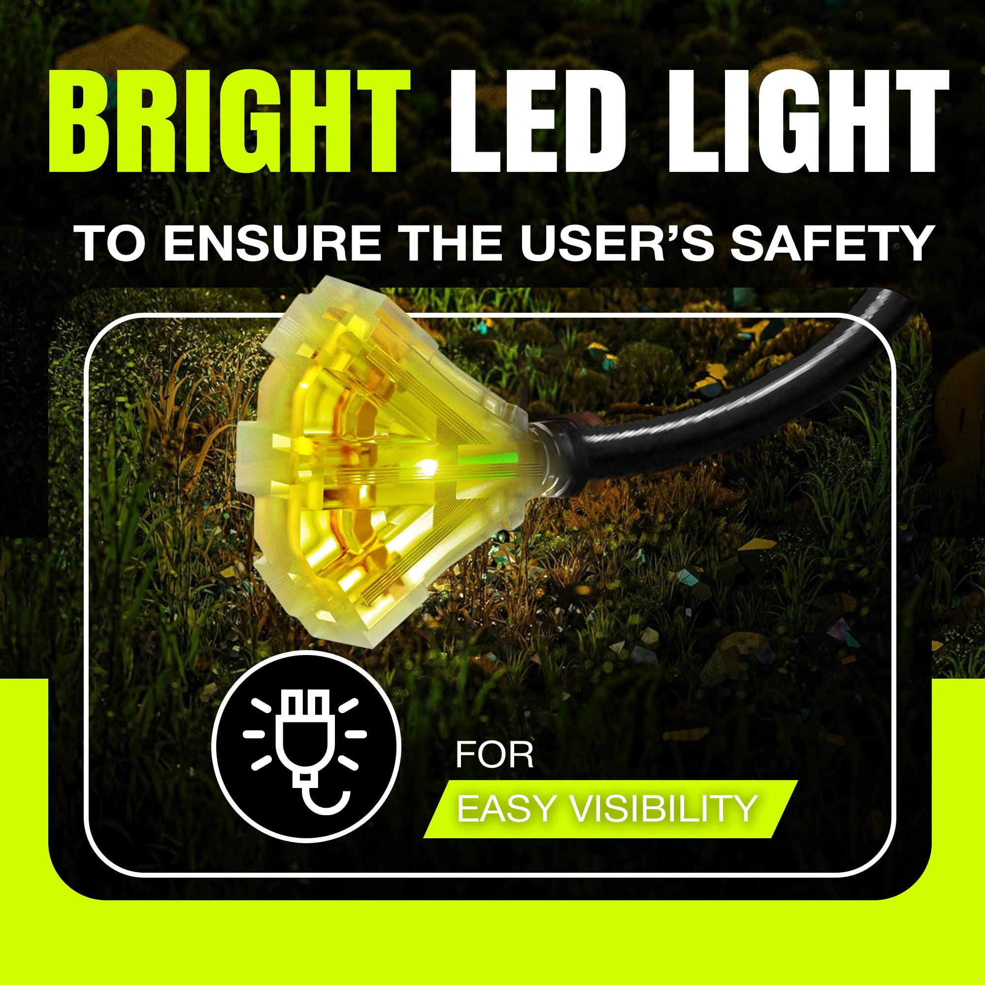 6Ft Power Extension Cord Outdoor & Indoor   Waterproof Electric Drop Cord Cable   3 Prong, 3 Outlet, Sjtw, 12 Gauge, 15 Amp, 125