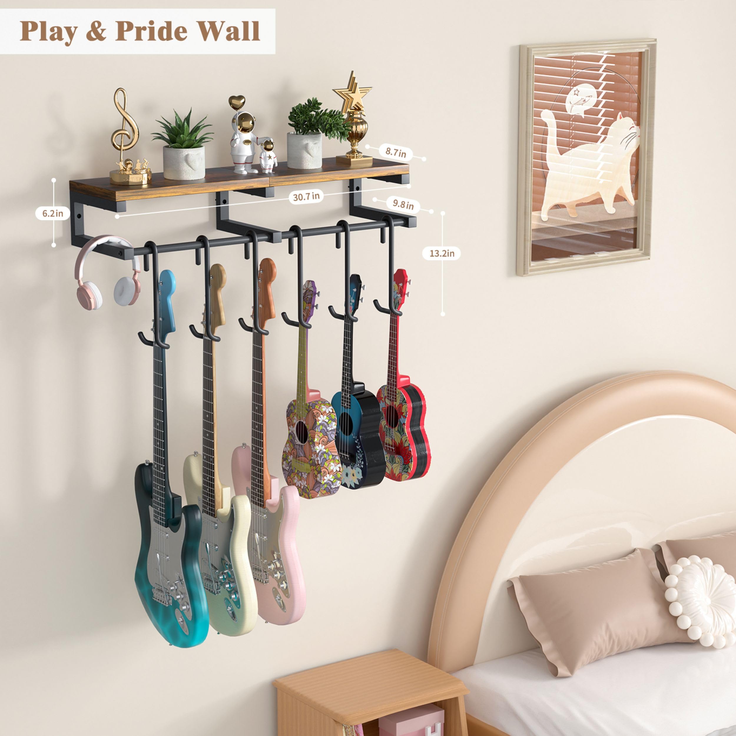 Keebofly Multiple Guitar Wall Mount Hangers With 6-Detachable Hooks & Rustic Shelf - Universal Fit For Acoustic, Electric, Bass