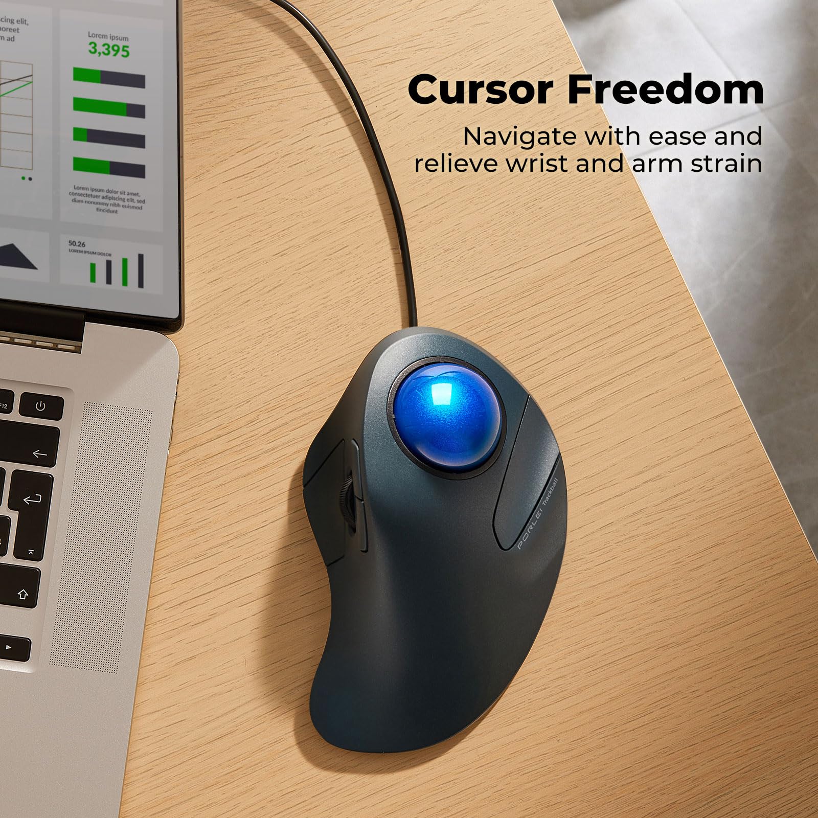 Porlei Wired Trackball Mouse, Easy Index Finger Control, Ergonomic Comfort Design Reduces Muscle Strain, Precision And Smooth Tr