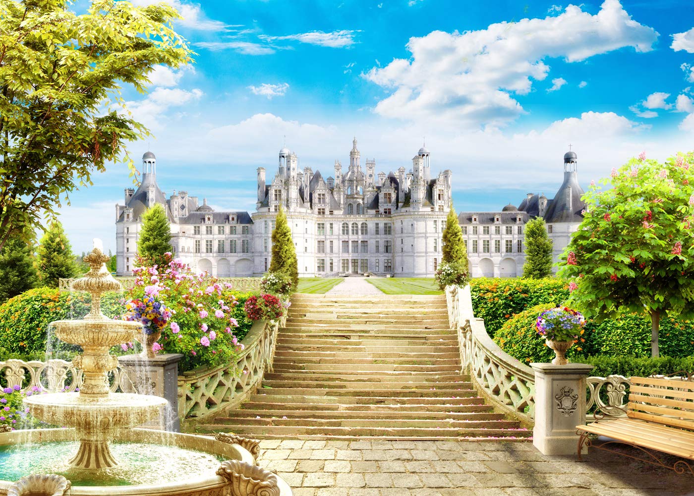 Capisco 7X5Ft Castle Stairs Backdrop Vinyl Photography Studio Background Outdoor Fountain Blue Sky White Clouds Wedding Party De