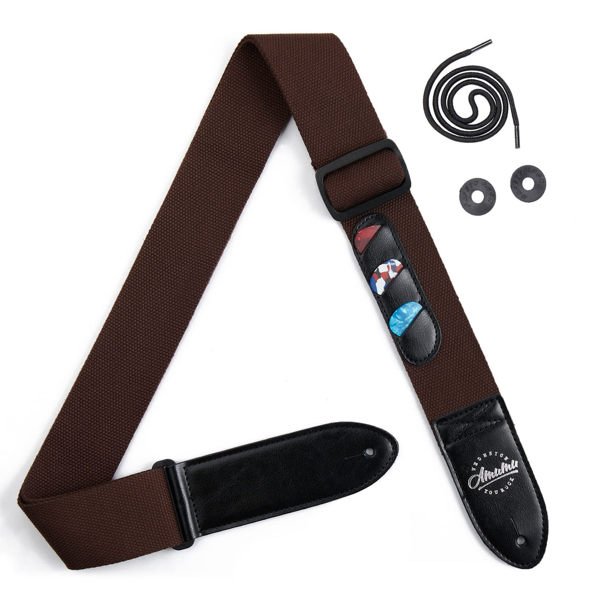 Amumu Guitar Strap Soft Cotton With 3 Pick Holders For Electric, Acoustic, Bass Guitar   Brown