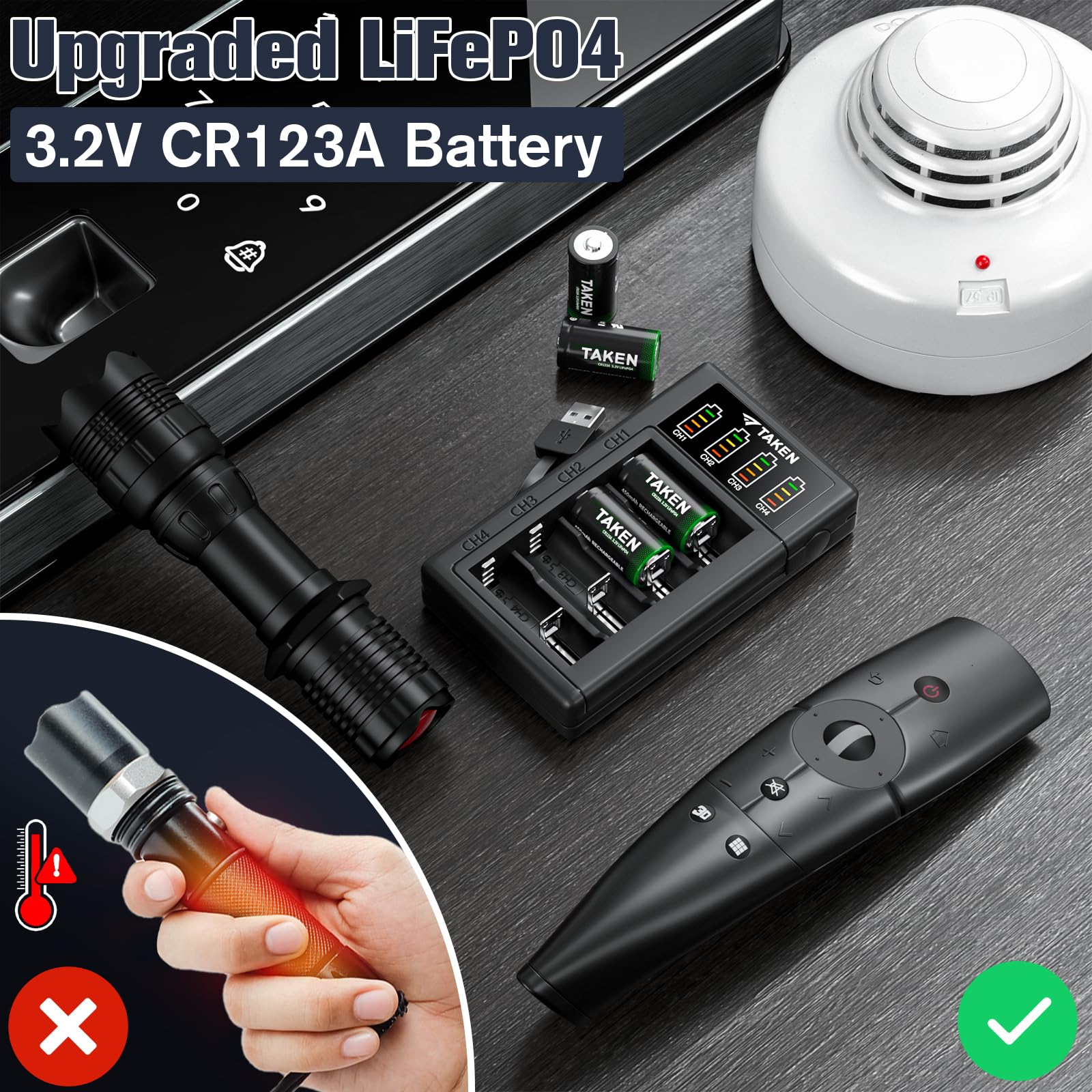 Taken 123 Batteries Lithium 4Pack Includes Charger, 3.2V 123A Rechargeable Batteries Cycle 2000+ Times For Flashlight, Smoke Det