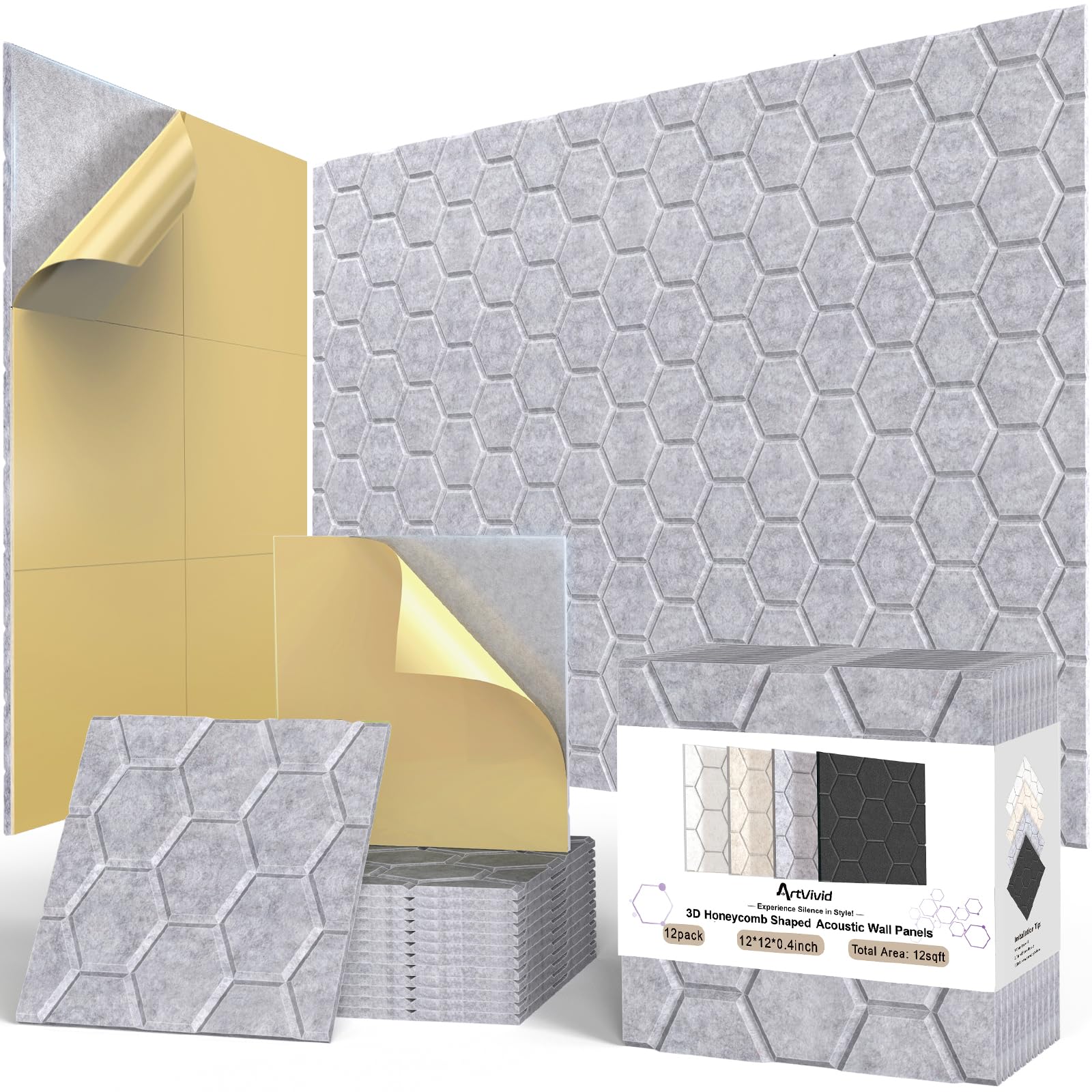 12Pack Acoustic Wall Panels, Honeycomb Self-Adhesive Sound Proof Foam Panels for Walls, High Density Decorative Hexagon Sound Ab