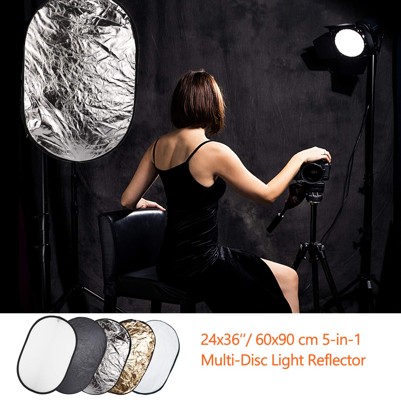 Photo Light Reflector 24X36 Inches/ 60X90 Cm 5 In 1 Diffuser Photography Collapsible With Bag And Reflector Holder Clips For Stu