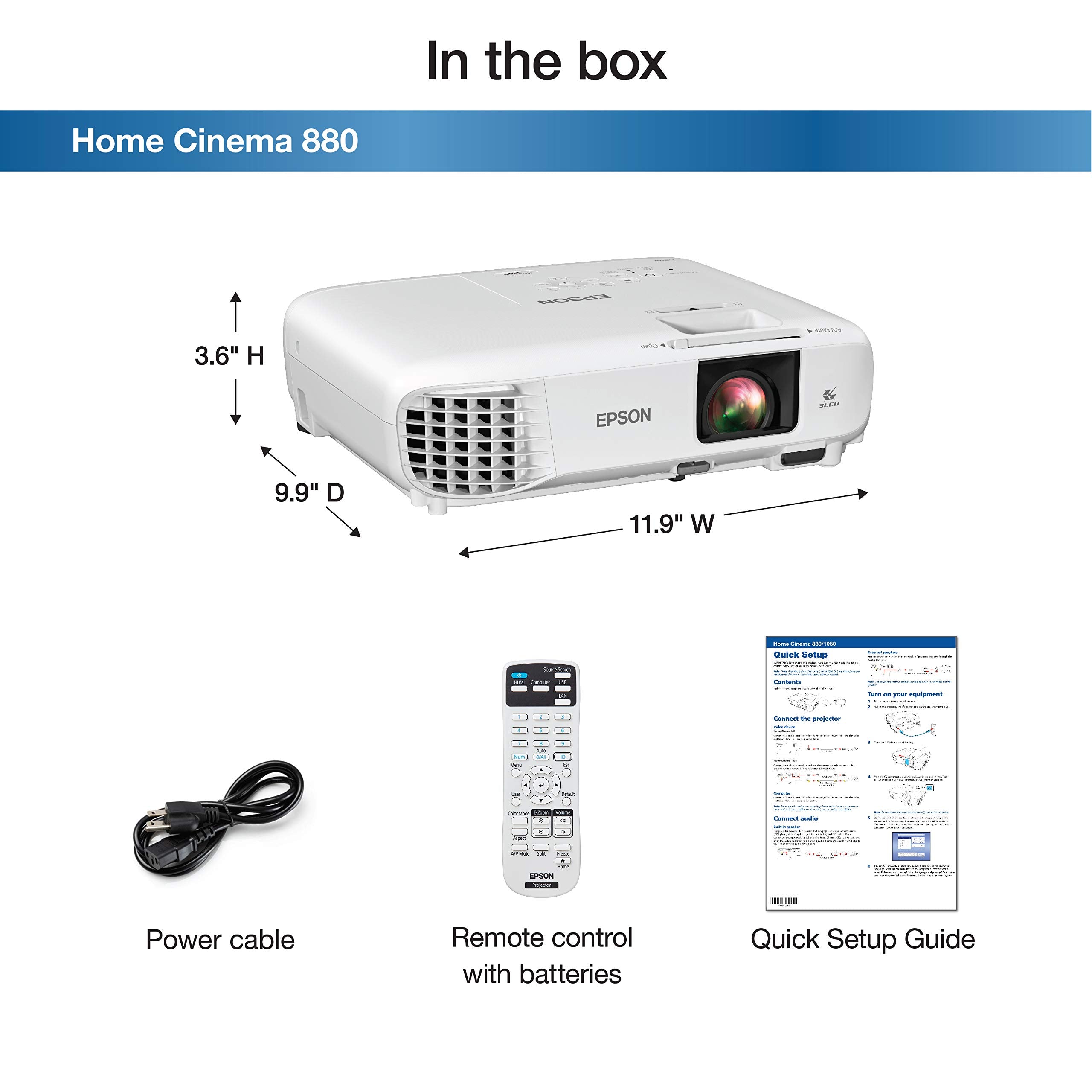 Epson Home Cinema 880 3 Chip 3Lcd 1080P Projector, 3300 Lumens Color And White Brightness, Streaming And Home Theater, Built In
