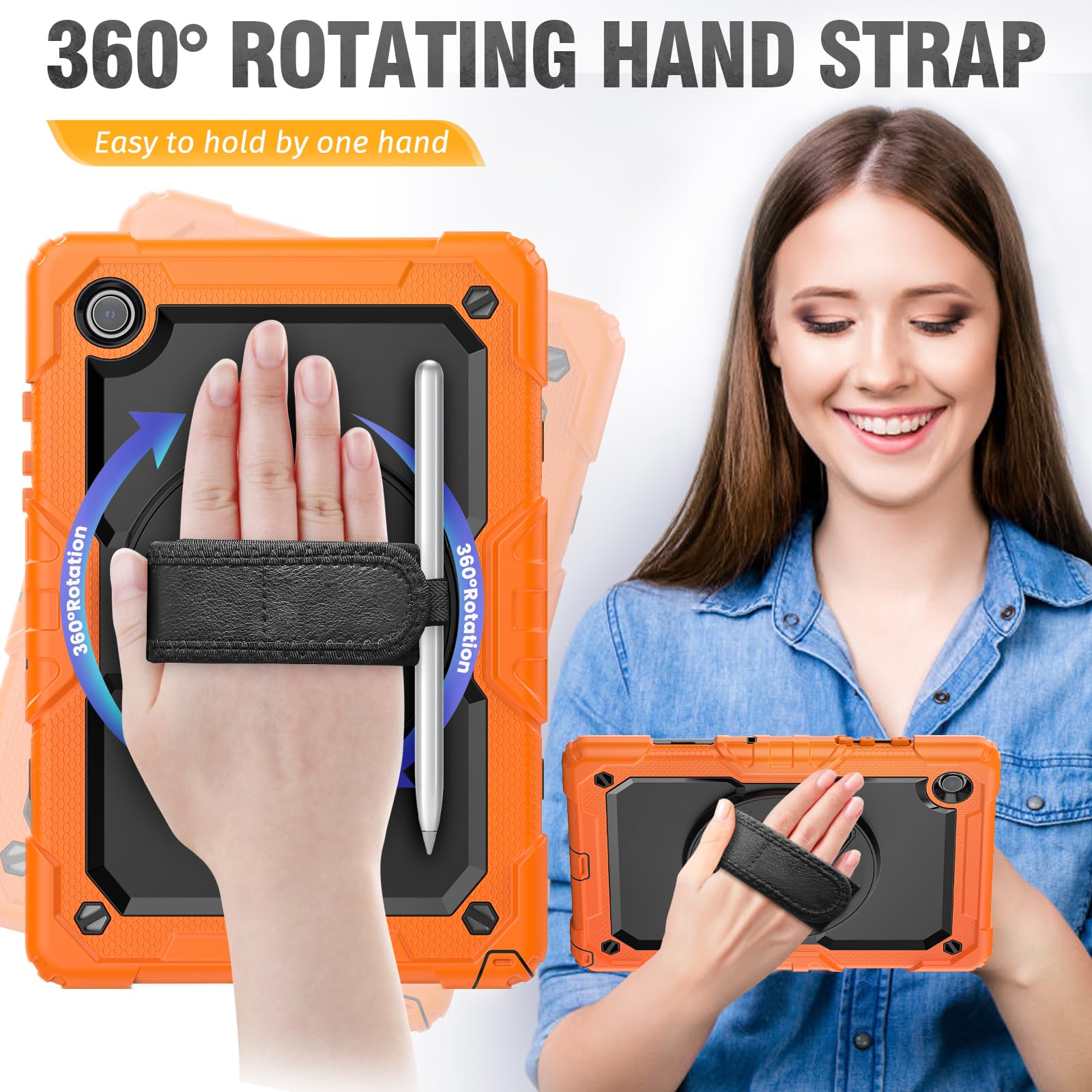 Hxcaseac Case For Samsung Tab A7 Lite 8.7 Inch T220/T225/T227 With Screen Protector Pen Holder [360 Rotating Hand Strap] &Stand,