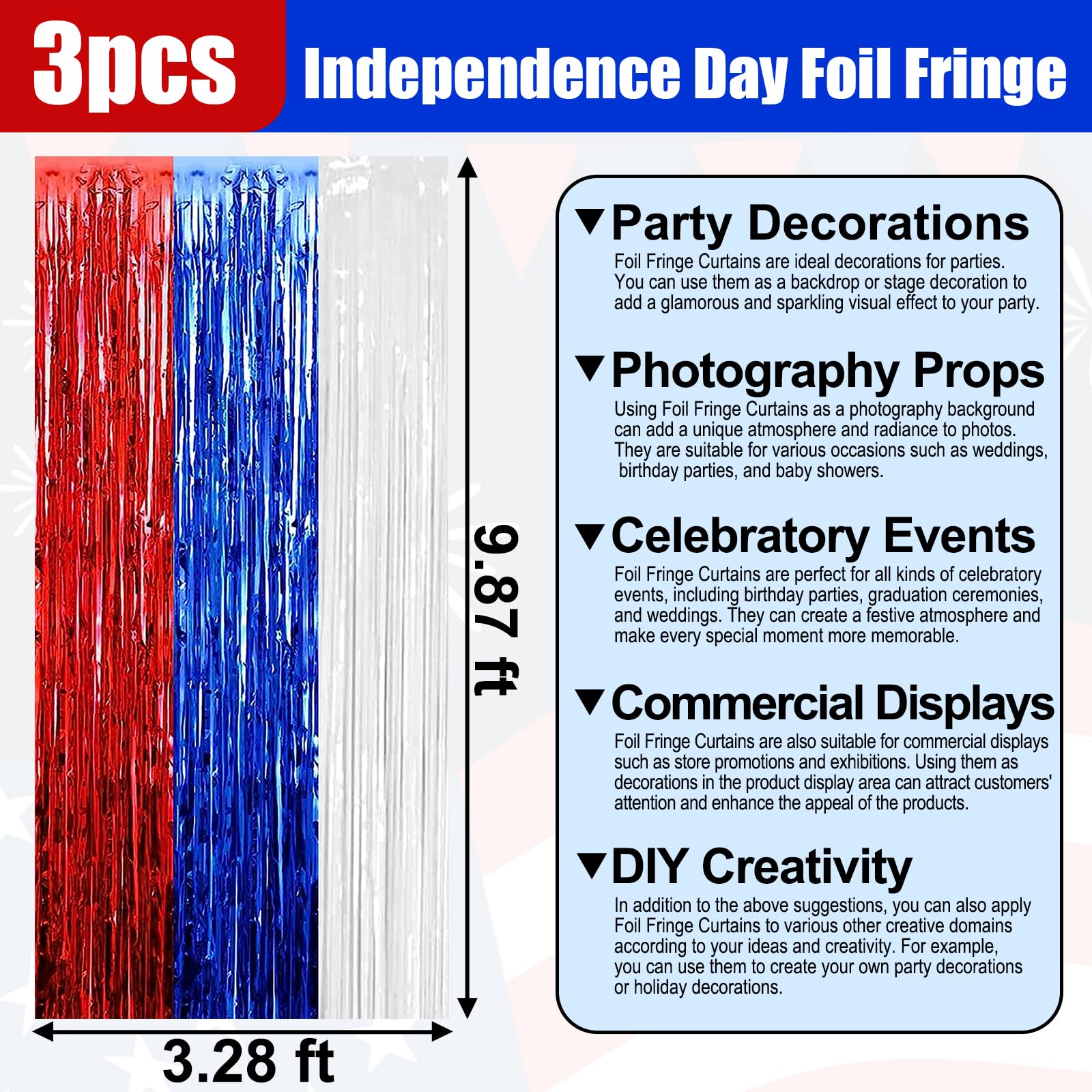 3 Pack White Blue Red Foil Fringe Curtain Backdrop, 3.28Ft X 9.8Ft Metallic Tinsel Foil Fringe Streamer Curtains For Photo Booth