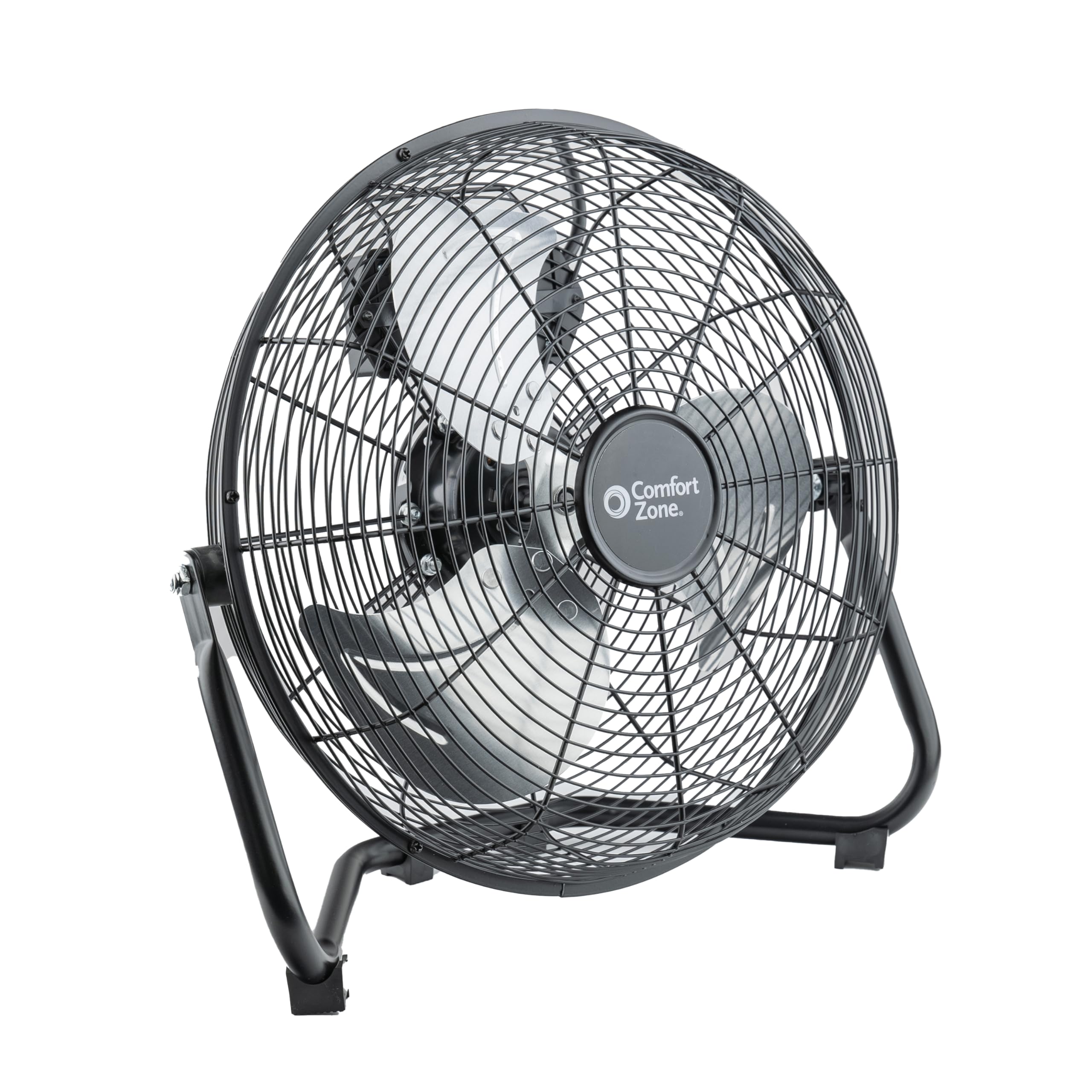 Comfort Zone Cradle Floor Fan, 12 inch, 3 Speed, High Velocity, 180 Degree Adjustable Tilt, All-Metal, Carry Handle, Rubber Feet
