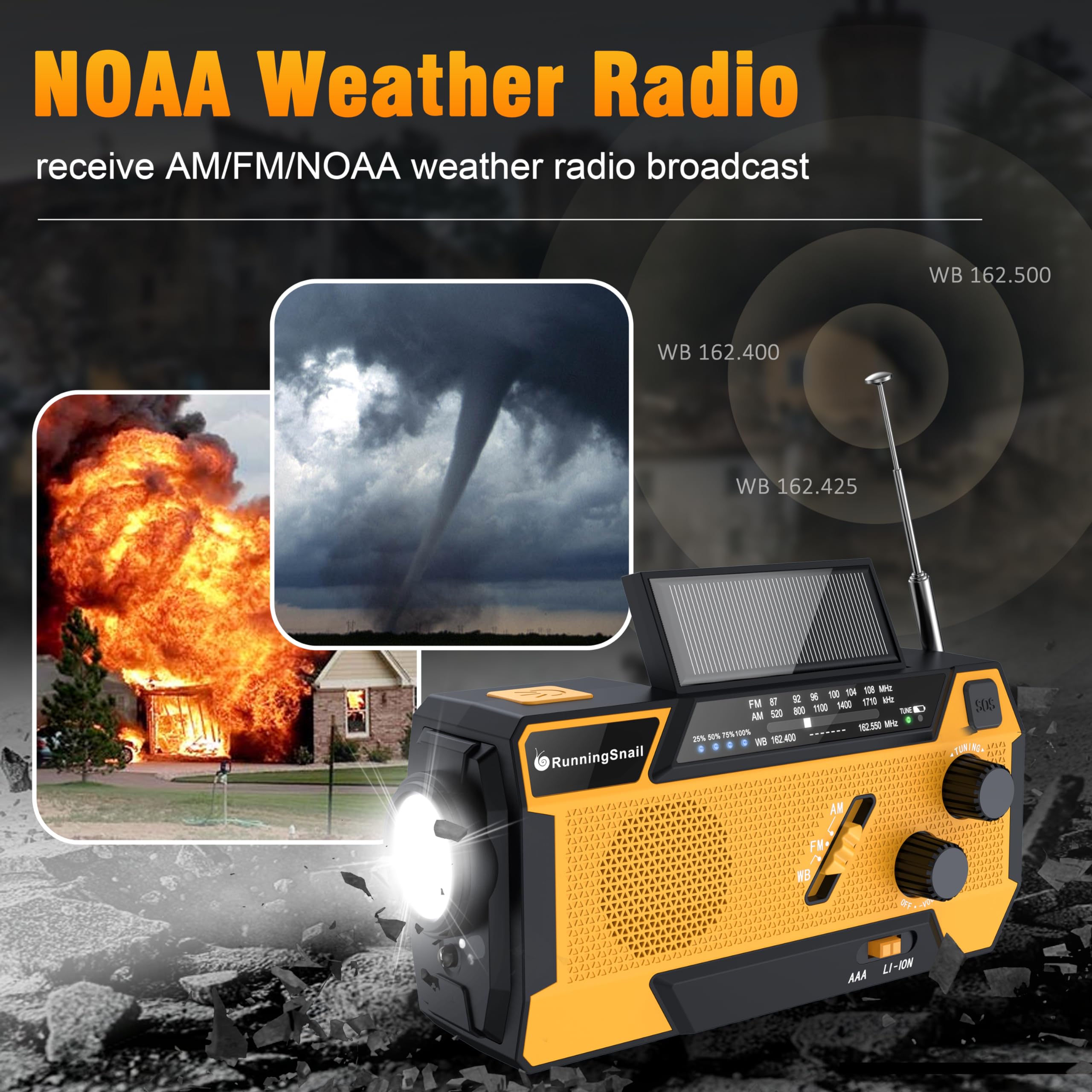 Emergency Crank Weather Radio: Am/Fm/Noaa Weather Radio With 3 Built In Cable   Hand Crank Radio With 2000Mah, Solar Charge, Hand Crank & Battery Operated, Sos Alarm, Flashlight For Outdoor Emergency