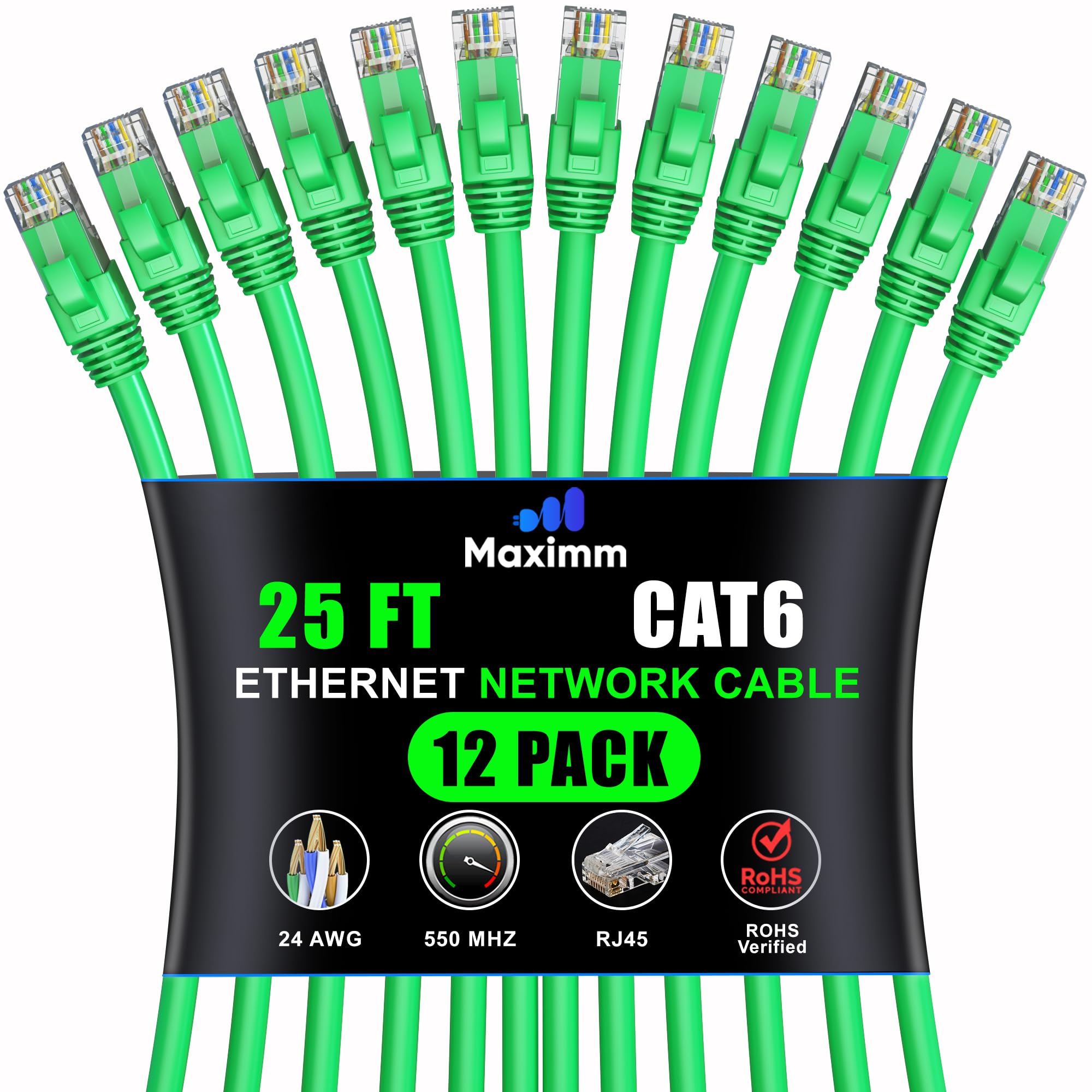 Maximm Cat 6 Ethernet Cable 25 Ft (12 Pack)   High Speed Lan Cable, Internet Cable, Patch Cable, And Network Cable   Utp, 10Gbps, 550Mhz Ethernet Cord   Green