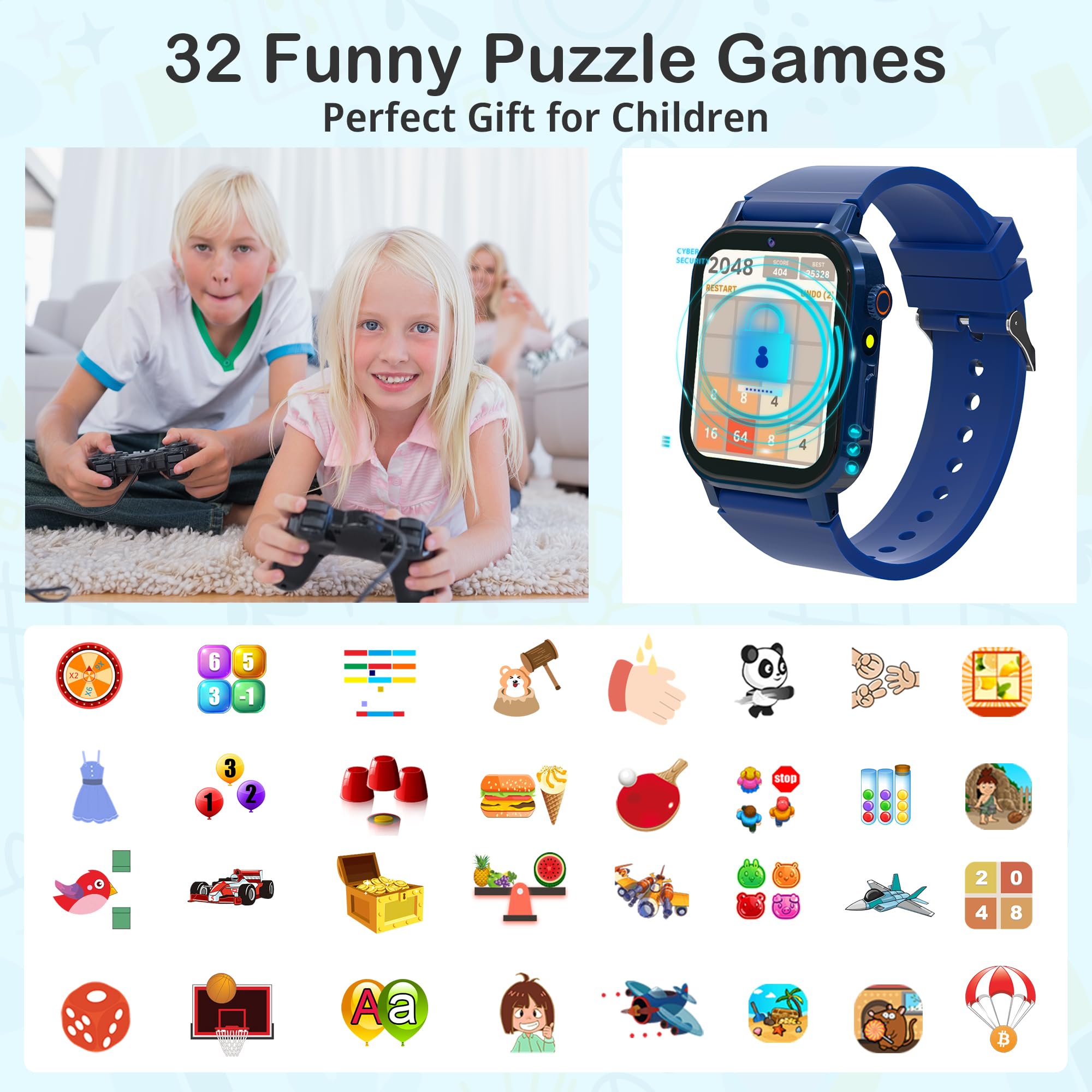 Kids Smart Watch Boys, Smart Watch For Kids Age 5-12 With 32 Puzzle Games 12/24 Hr Camera Hd Touch Screen Video Music Alarm Pedo