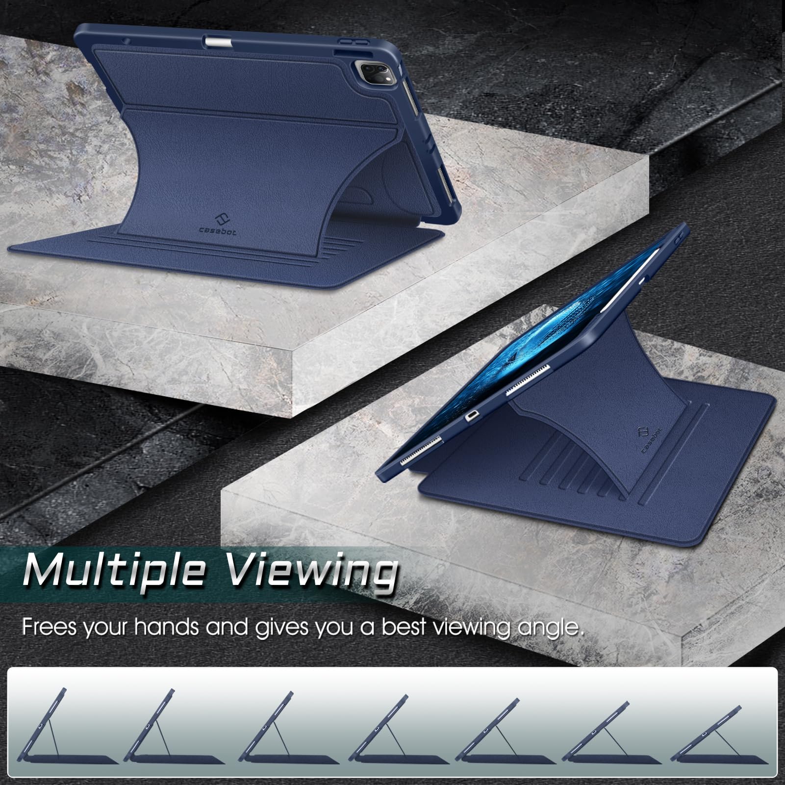 Casebot Magnetic Case For Ipad Pro 12.9 Inch 6Th Generation 2022, Multiple Angle Shockproof Rugged Stand Case, Soft Tpu Back Cover W/Pencil Holder, Also Fit Ipad Pro 12.9' 5Th/4Th/3Rd Gen, Navy
