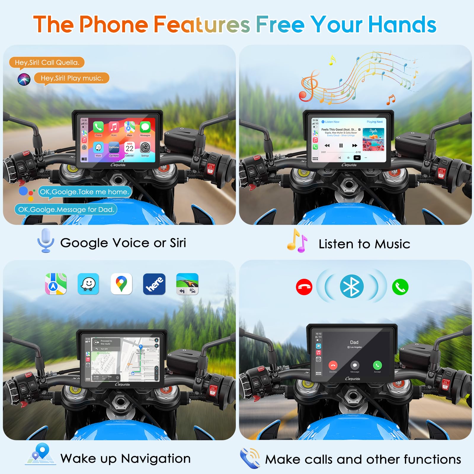 Carpuride W502Pro For Motorcycle Carplay& Android Auto& Dual Bluetooth - 5'' Waterproof Gps Navigation Screen For Motorbike, Mus