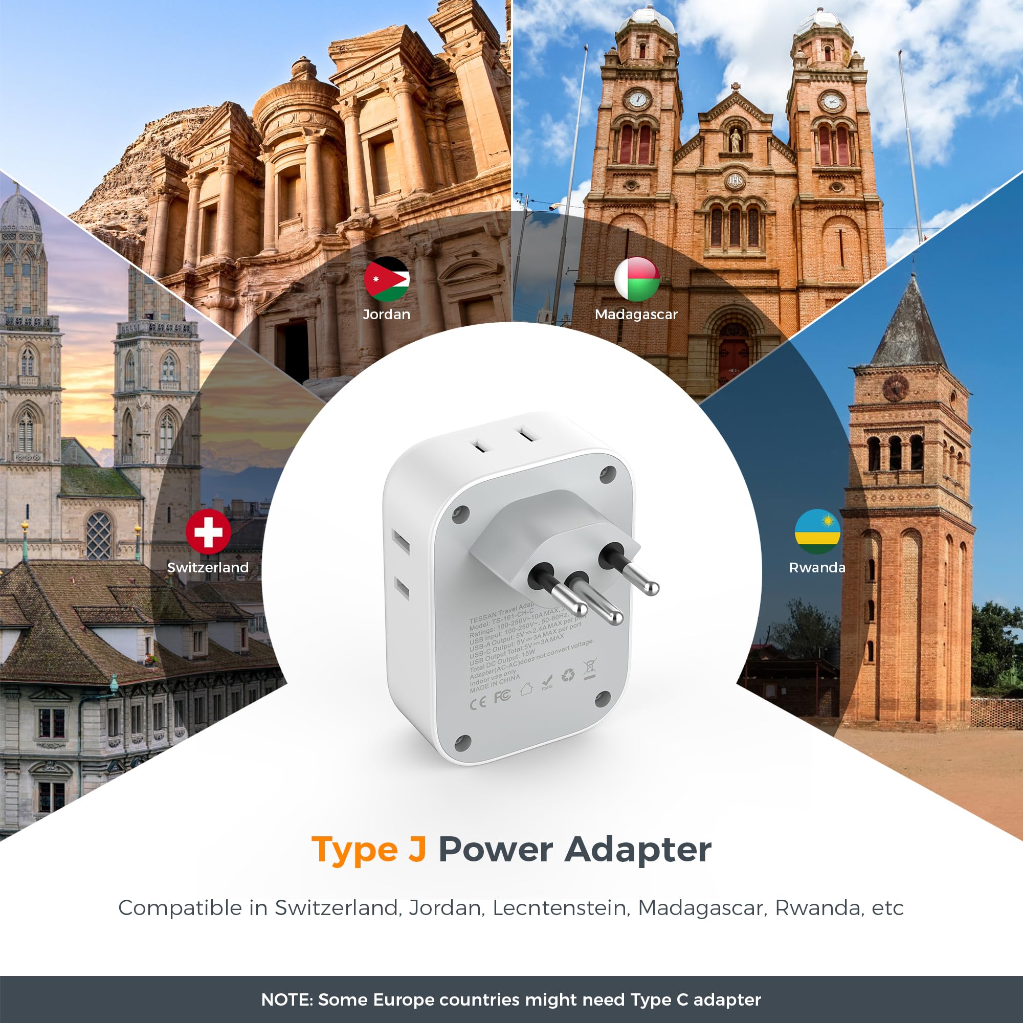 Switzerland Power Adapter 2 Pack, Tessan Type J Adaptor With 4 Outlets 3 Usb Charging Ports(1 Usb C), Swiss Plug For Us To Switz