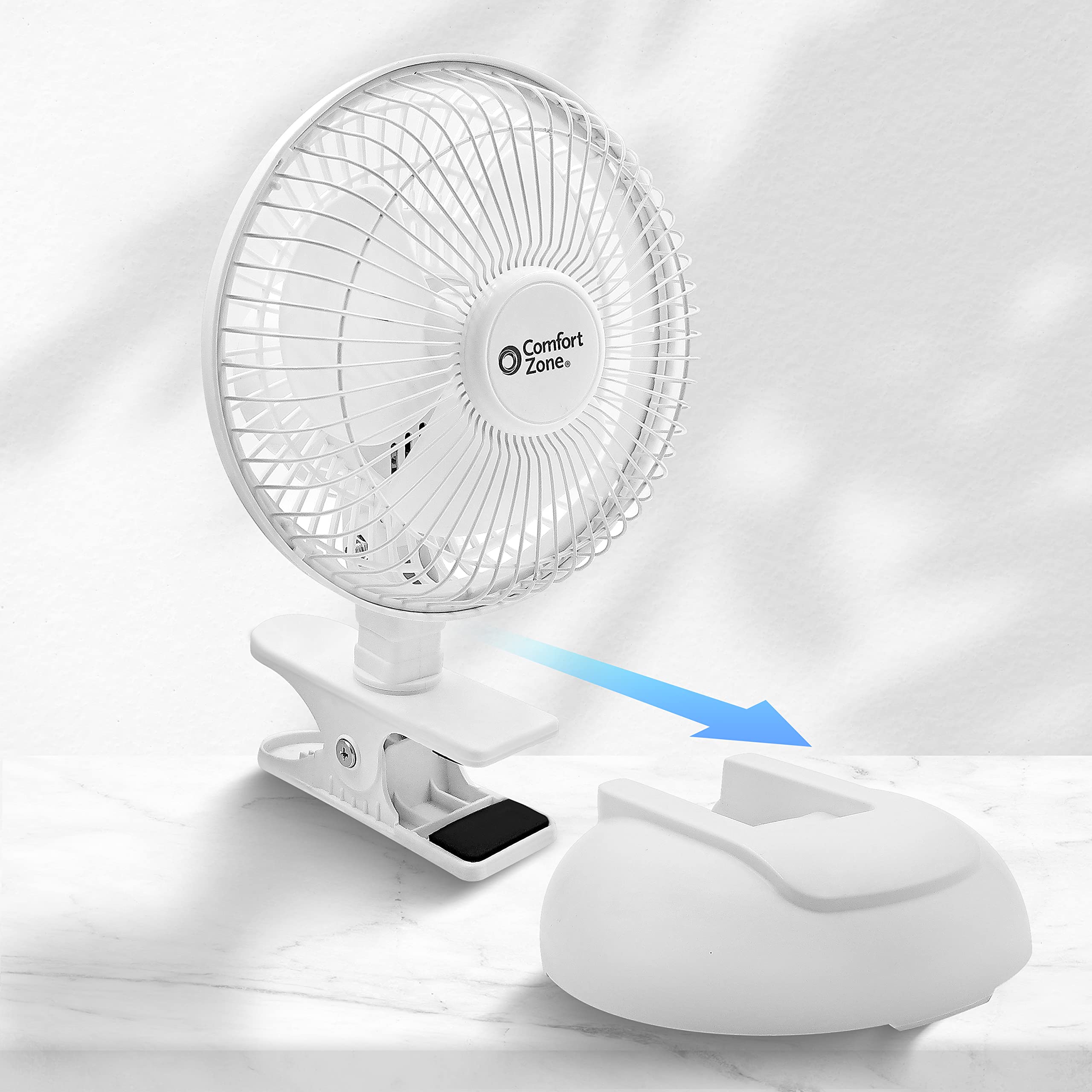 Comfort Zone Personal Clip Or Desk Fan With Removable Base, Portable, Mini Bedroom Fan, 6 Inch, 2 Speed, Strong Clamp, Firm Grip