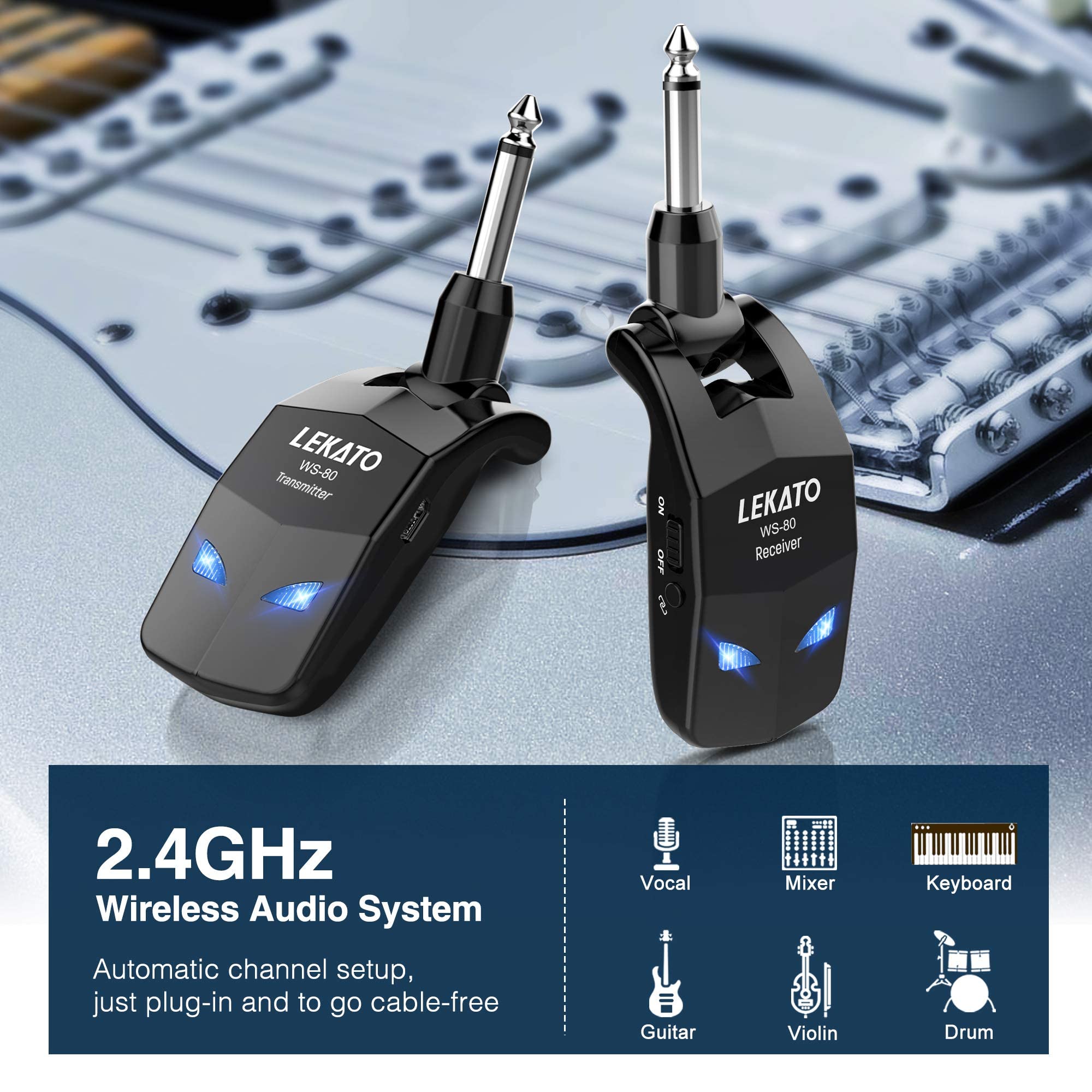 Lekato 2.4Ghz Wireless Guitar System Audio Wireless Transmitter And Receiver Rechargeable Guitar Wireless System With 4 Channels