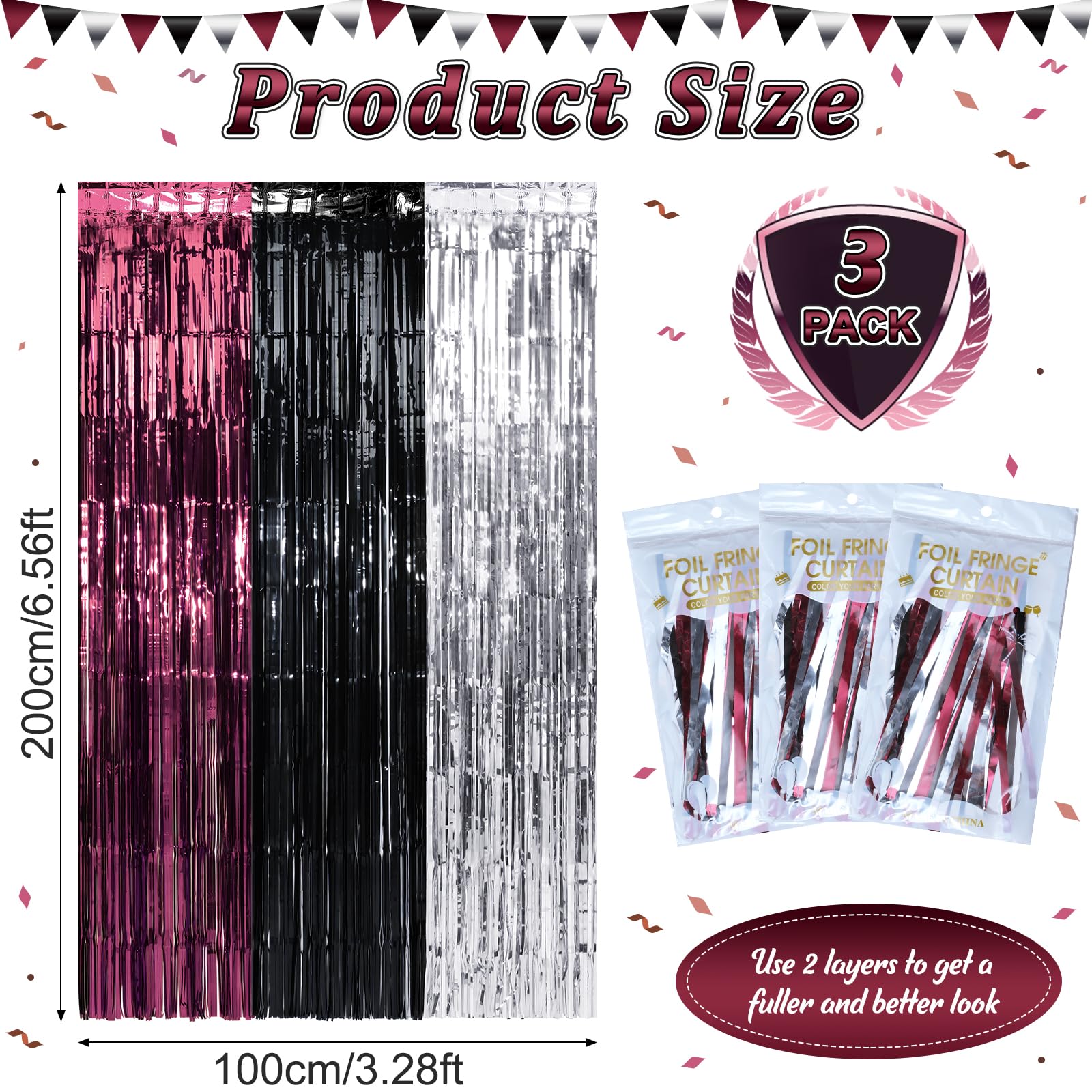 3 Pack 3.3Ft X 6.6Ft Graduation Foil Fringe Curtain Backdrop Decorations, Maroon Black Silver Metallic Tinsel Foil Streamers Cur