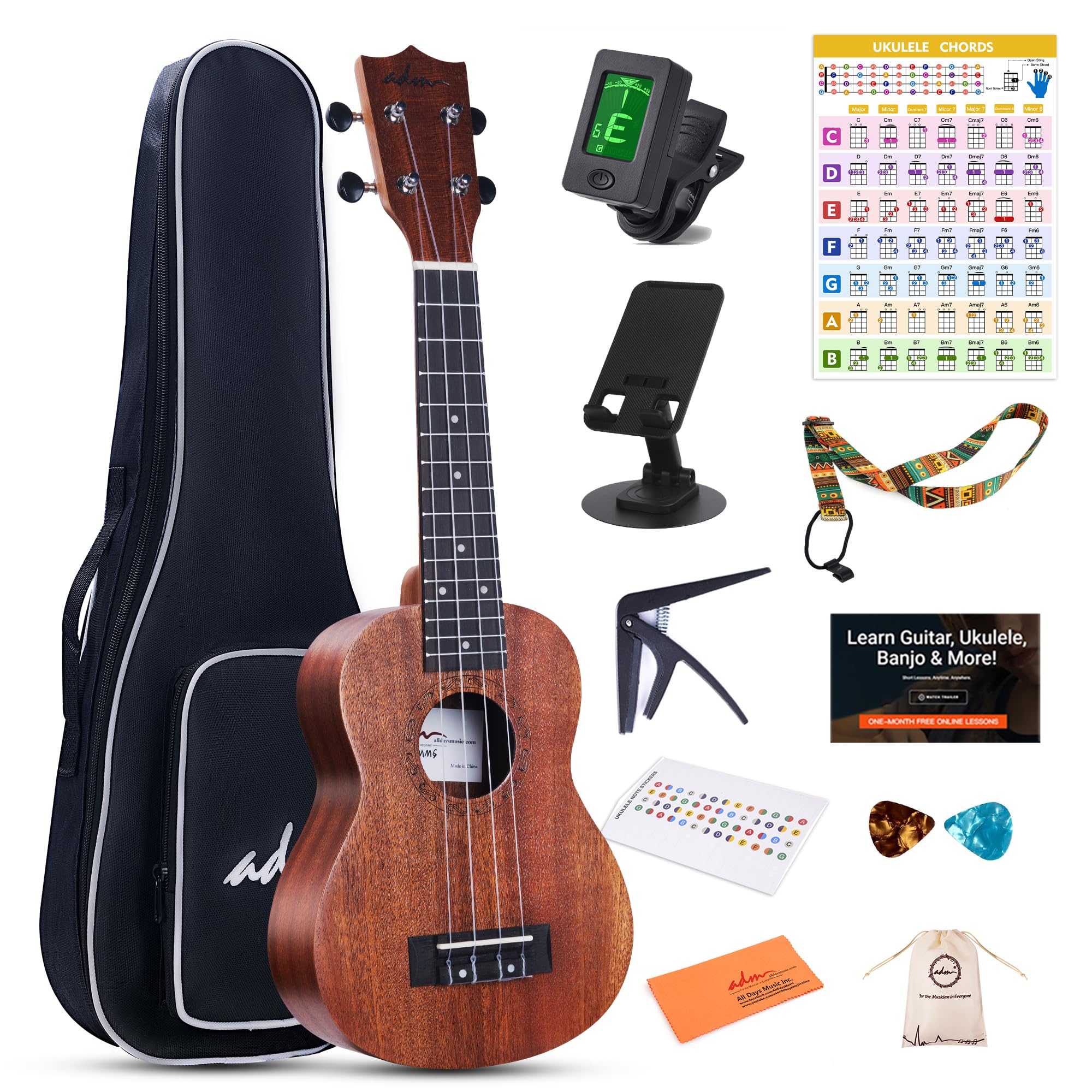 Adm Soprano Ukulele Beginner Kit Mahogany Hawaiian Wood Ukelele Bundle Ukalalee Set With Uke Free Starter Lessons For Kids Stude