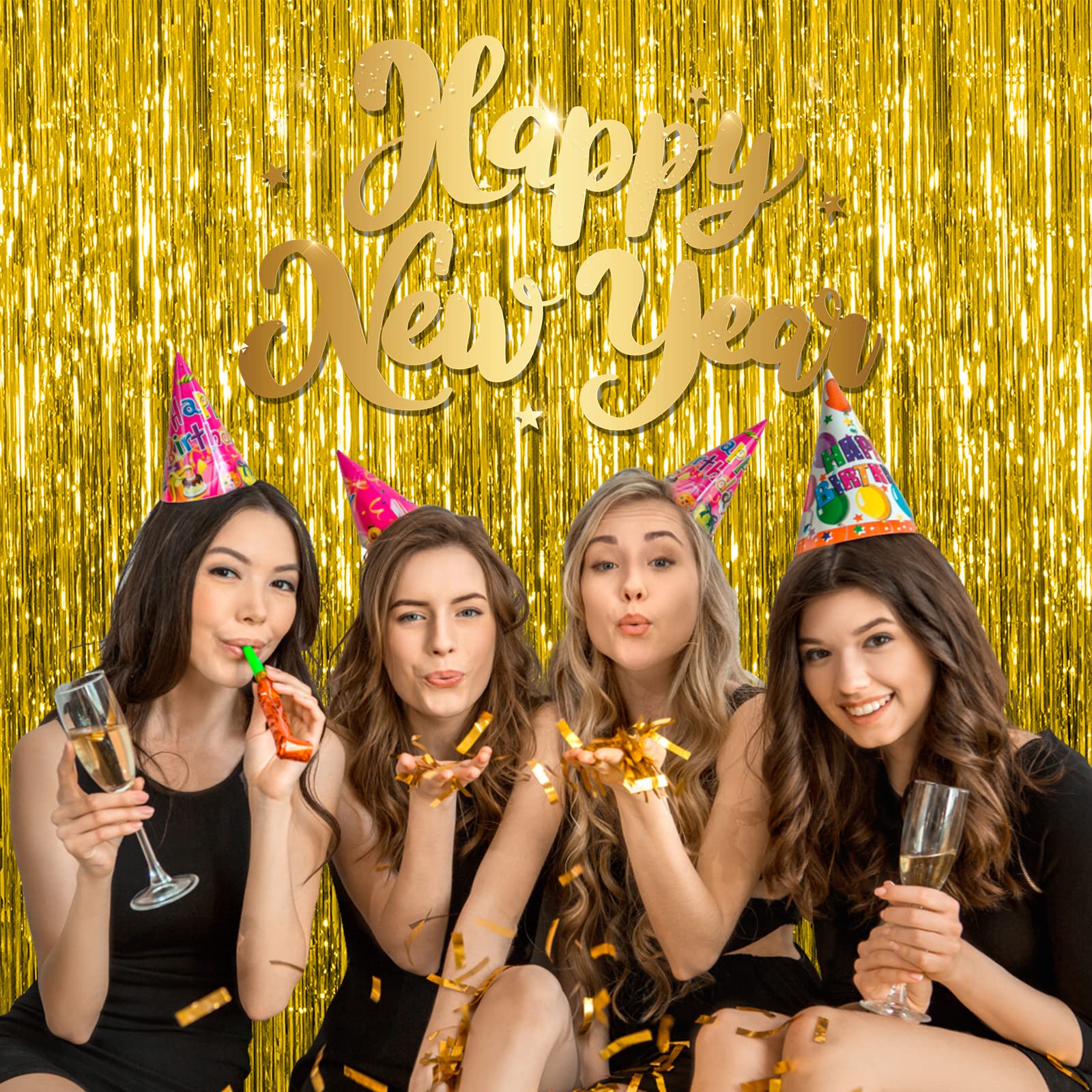 5 Pack Gold Fringe Curtain Backdrop Tinsel Streamers Birthday Party Decorations Christmas Photo Booth Backdrop Halloween New Yea