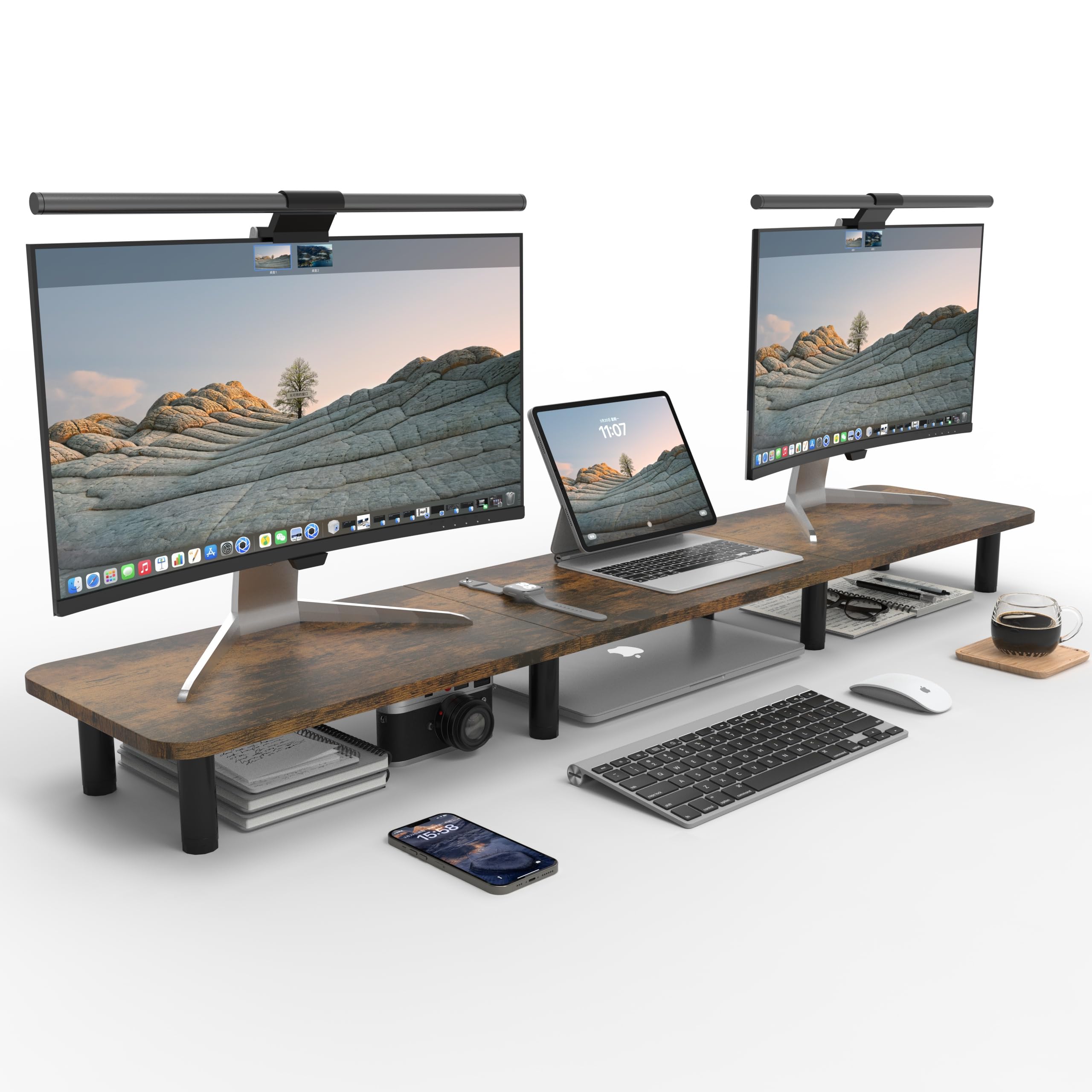 WEGASTU Dual Monitor Stand  43.7 inch Extra Long Wide TV Stand  Wood & Steel Leg Desktop Riser  Desk Organization  Home Offi