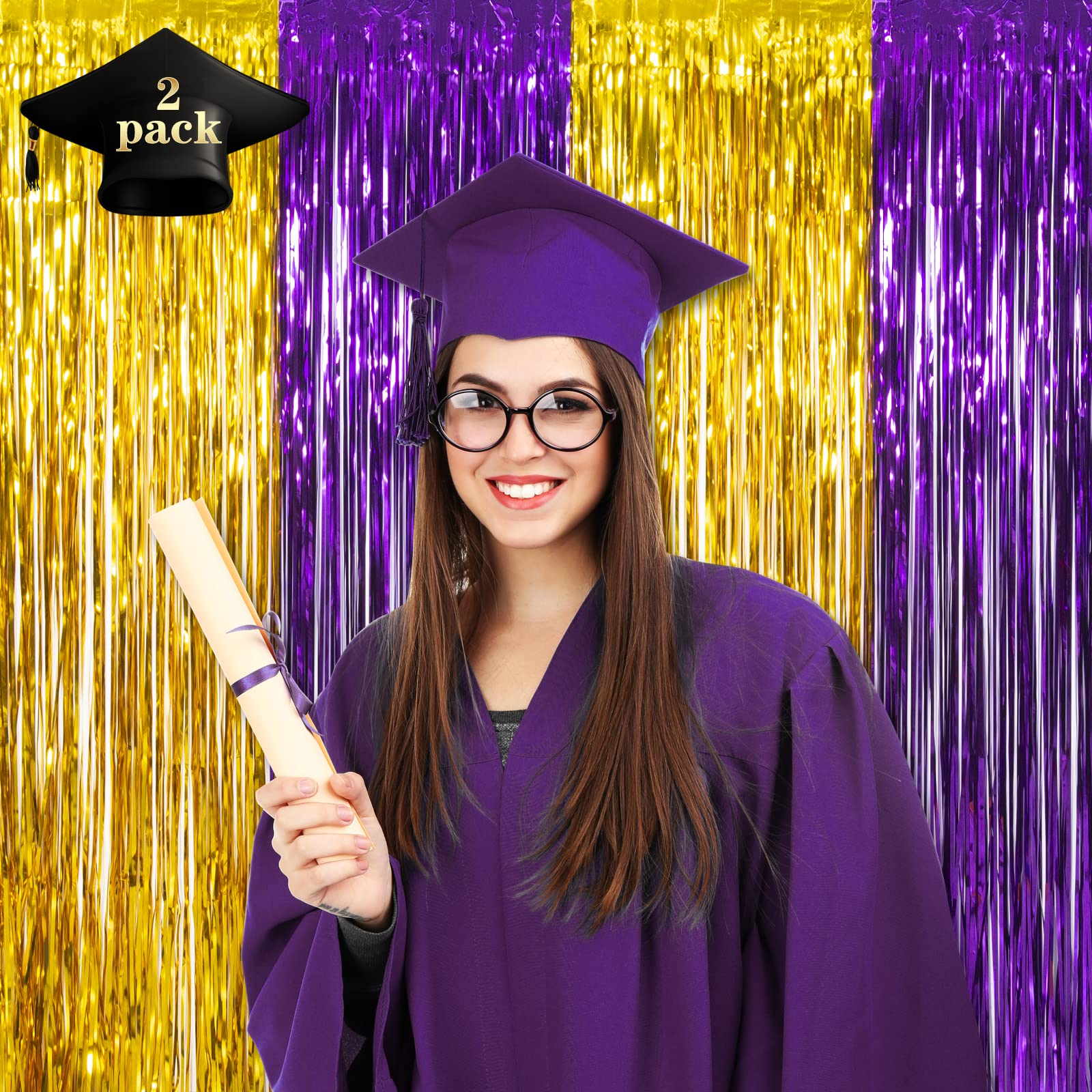Lolstar 2 Pack Purple And Gold 2024 Graduation Party Decorations, 3.3X6.6 Ft Foil Fringe Curtain, Tinsel Graduation Photo Booth