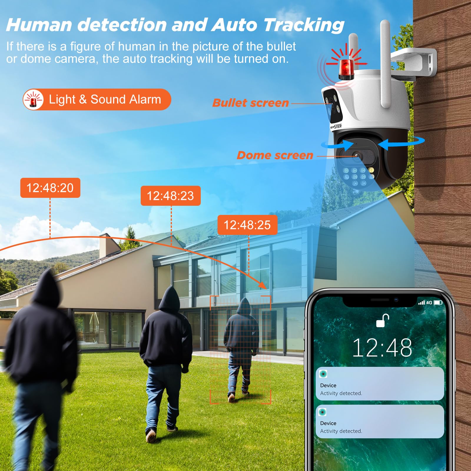 Enster 6Mp Security Camera Outdoor Indoor Dual Lens, 2.4G Wifi Ptz Outdoor Camera Home Security With Human Detection, Auto Track