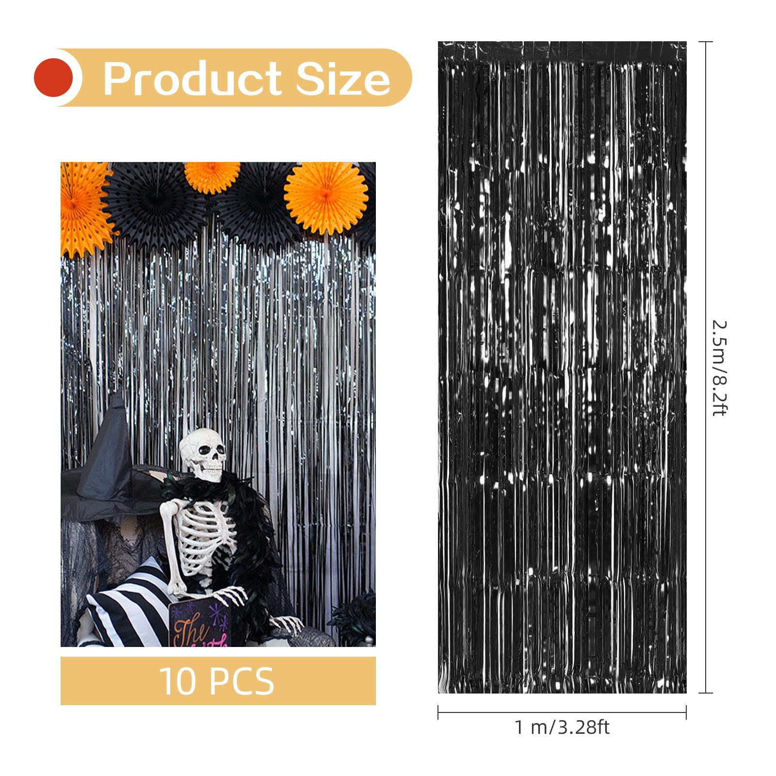10 Pack Black Backdrop Curtain 3.2Ft X 8.2Ft Metallic Tinsel Foil Fringe Curtains Photo Booth Background For Birthday Party Deco