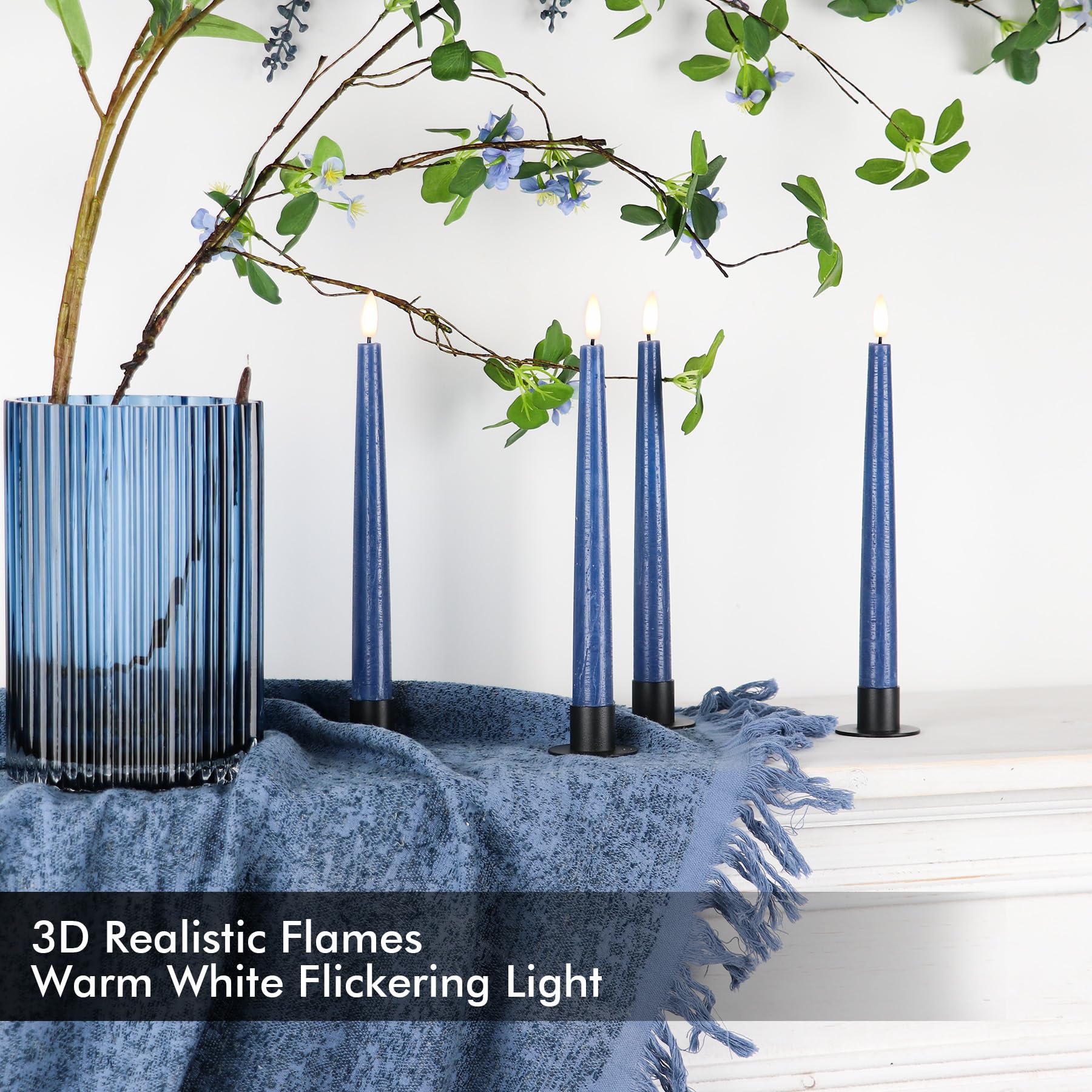 Fanna 9.6 Flameless Led Taper Candles With Timer In Real Wax, Battery Operated Rustic Wax Dinner Candlesticks With Remote, 8 Bat