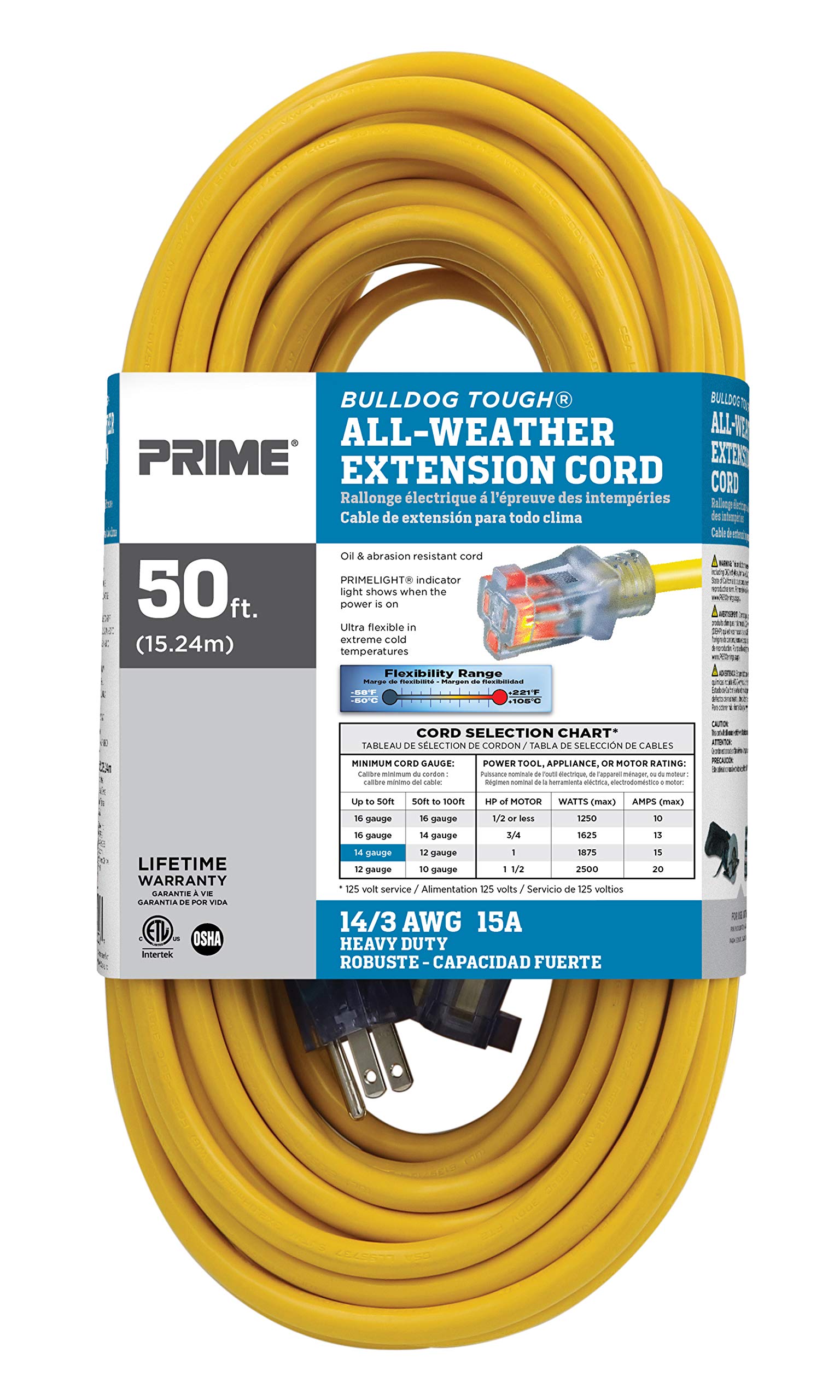 Prime Wire And Cable Lt511730 50 Foot 14/3 Sjtow Bulldog Tough Extension Cord With Primelight Indicator Light, Yellow