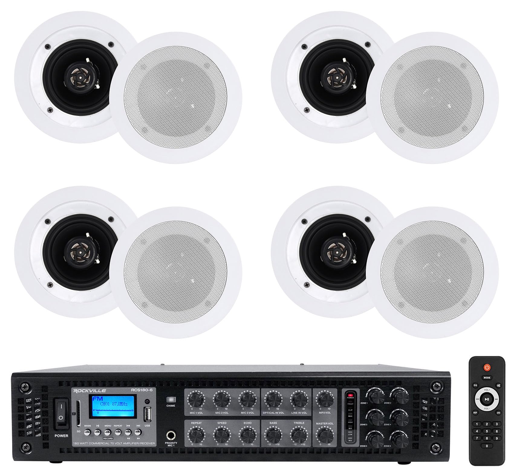 Rockville Bundle: Rockville RCS180-6 180W 6-Zone 70V Commercial Amplifier with Bluetooth Bundle with (4) Pairs of Rockville CC4T