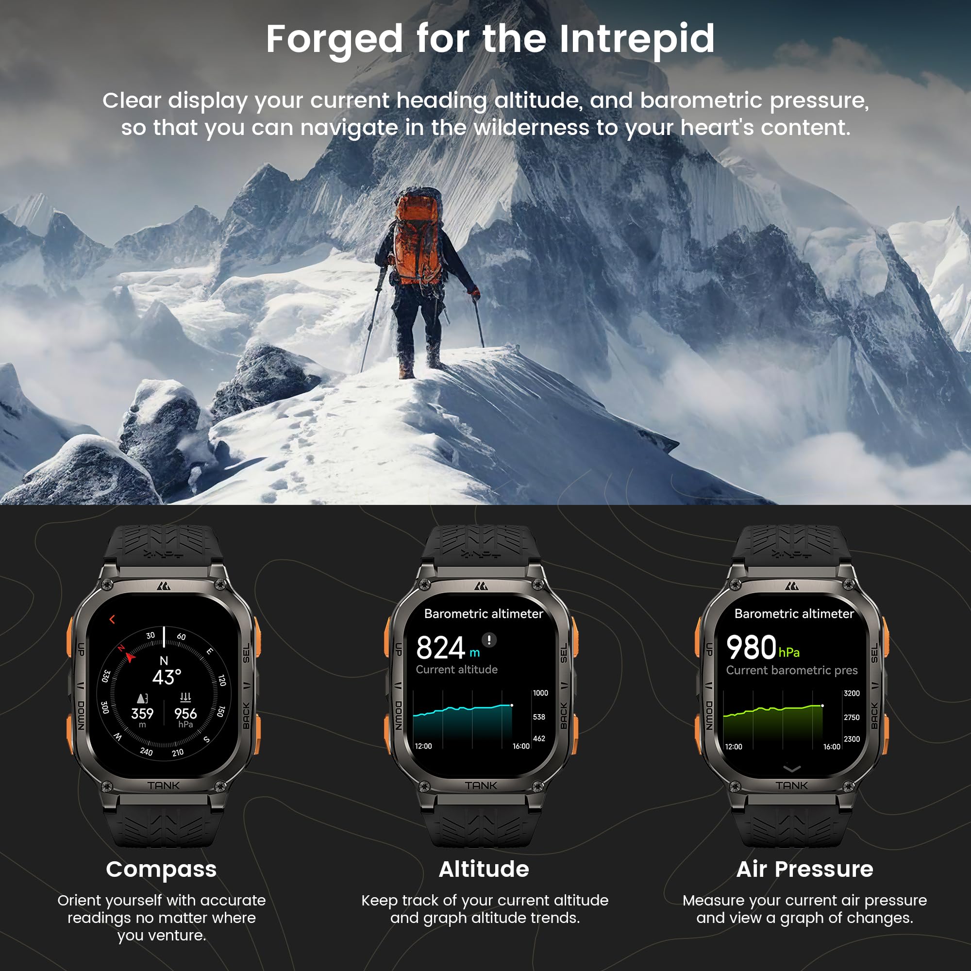 Kospet Tank M3 Ultra Smart Watch With Gps, 50M Waterproof, Compass, Altitude, Air Pressure, 480Mah Extra Large Battery, Full Stainless Steel, Bluetooth Call, 1.96'' Amoled Always On Display, Ai Voice