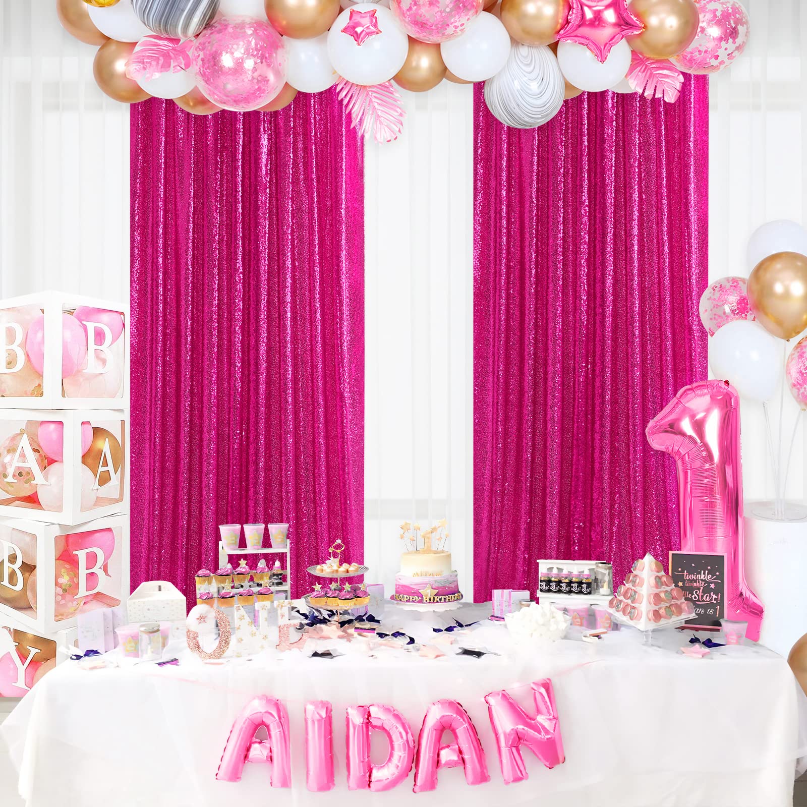 4 Pieces 2Ftx8Ft Fuchsia Sequin Backdrop Curtain Panels Stage Wedding Party Background Drapes