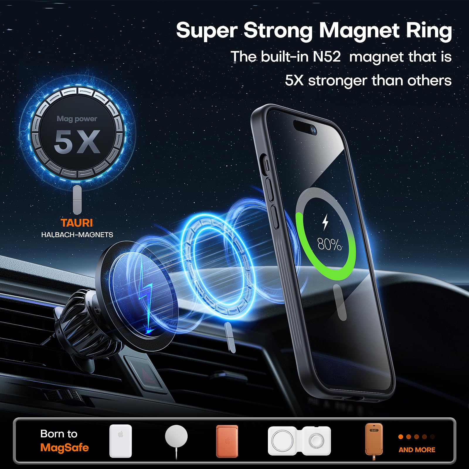 Tauri 360Rotatable Magnetic Ring For Iphone 14 Pro Case Black, [Designed For Magsafe] With Stand & Ring Holder, Translucent Matt