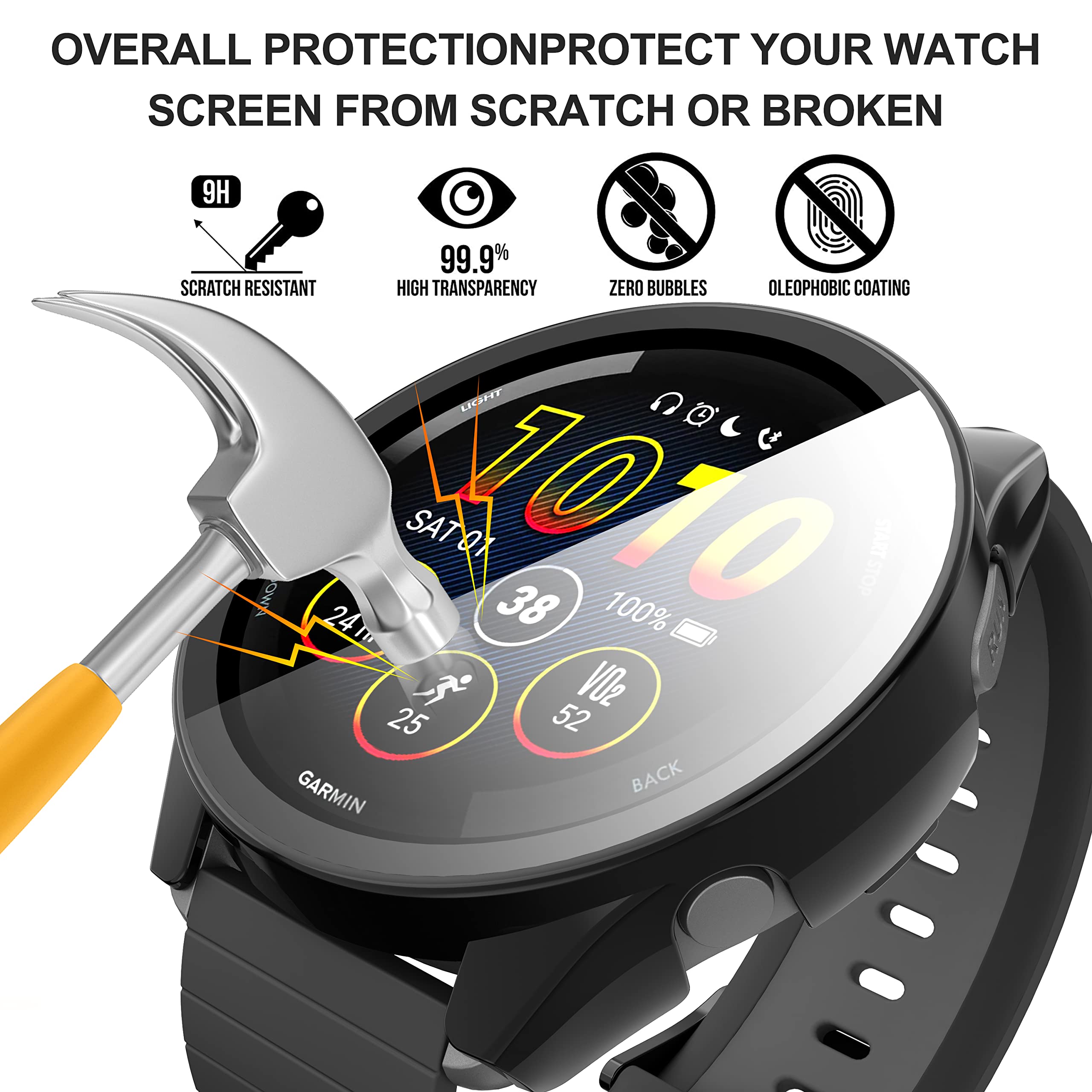 Suoman For Garmin Forerunner 265 Screen Protector Case, Ultra Thin Tempered Glass Full Coverage Case Cover For Garmin Forerunner