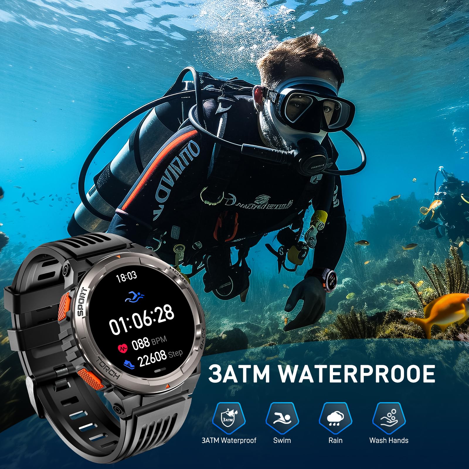 Leuceira Military Smart Watches For Men With Led Flashlight, Tactical Rugged Smart Watch With 1.45 Hd, 3Atm Waterproof & Compass